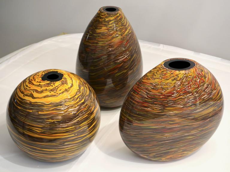 Formia 1980s Modern Set of Three Brown Yellow Red Orange Gold Murano Glass Vases For Sale 1