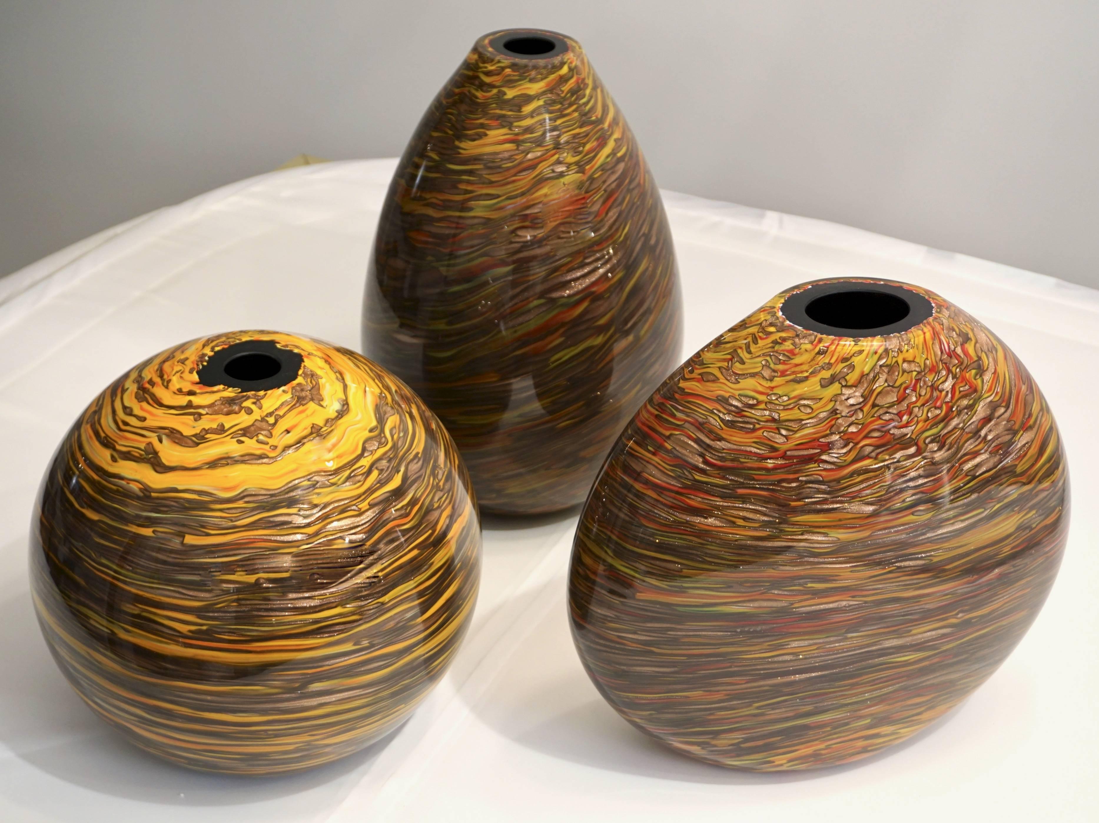 Blown Glass Formia 1980s Modern Set of Three Brown Yellow Red Orange Gold Murano Glass Vases For Sale