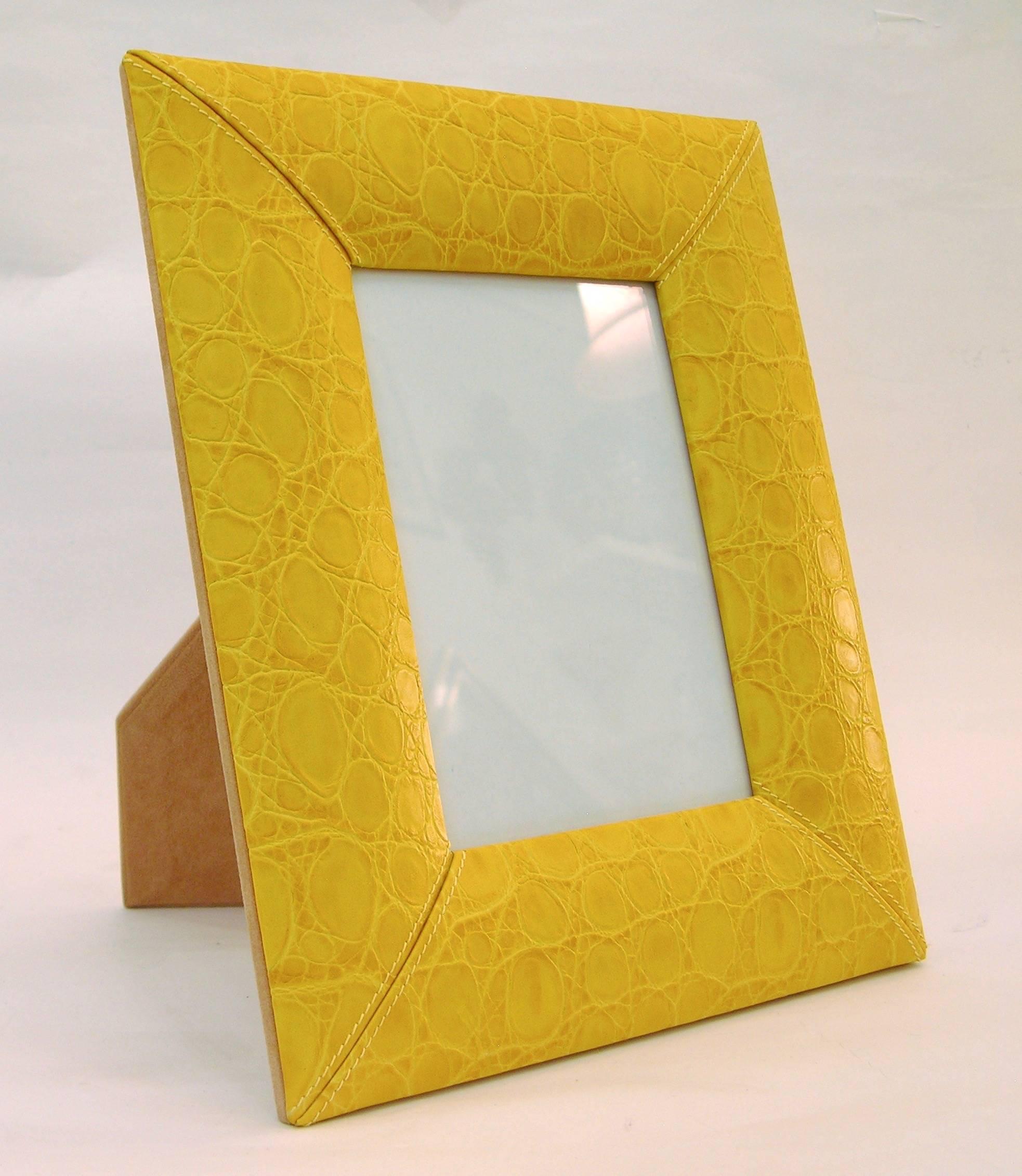 Organic Modern 1990s Paciotti Italian Couture Yellow Embossed Leather Fashion Photo Frame