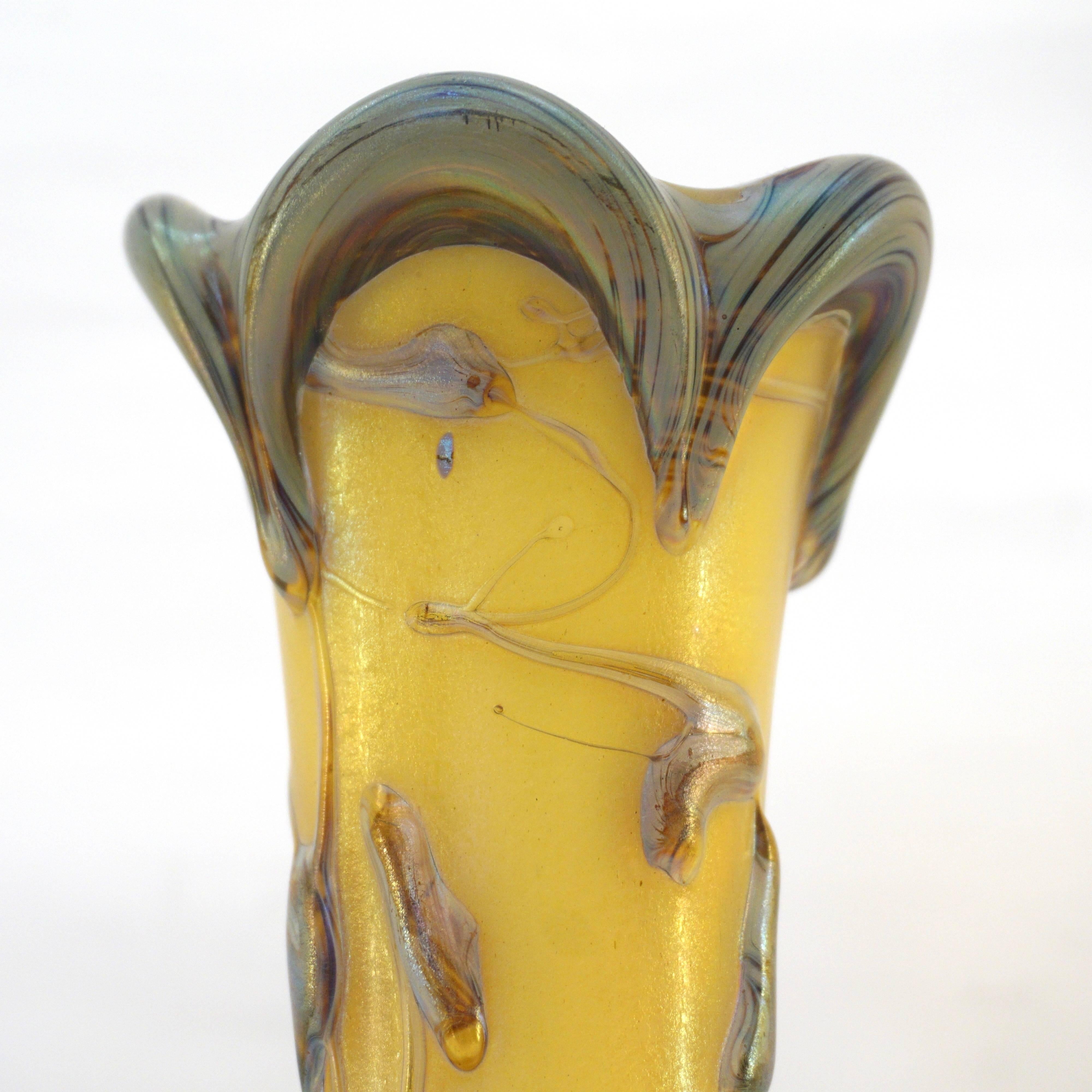 Hand-Crafted Art Nouveau French Antique Iridescent Yellow Azure Blue and Gray Art Glass Vase
