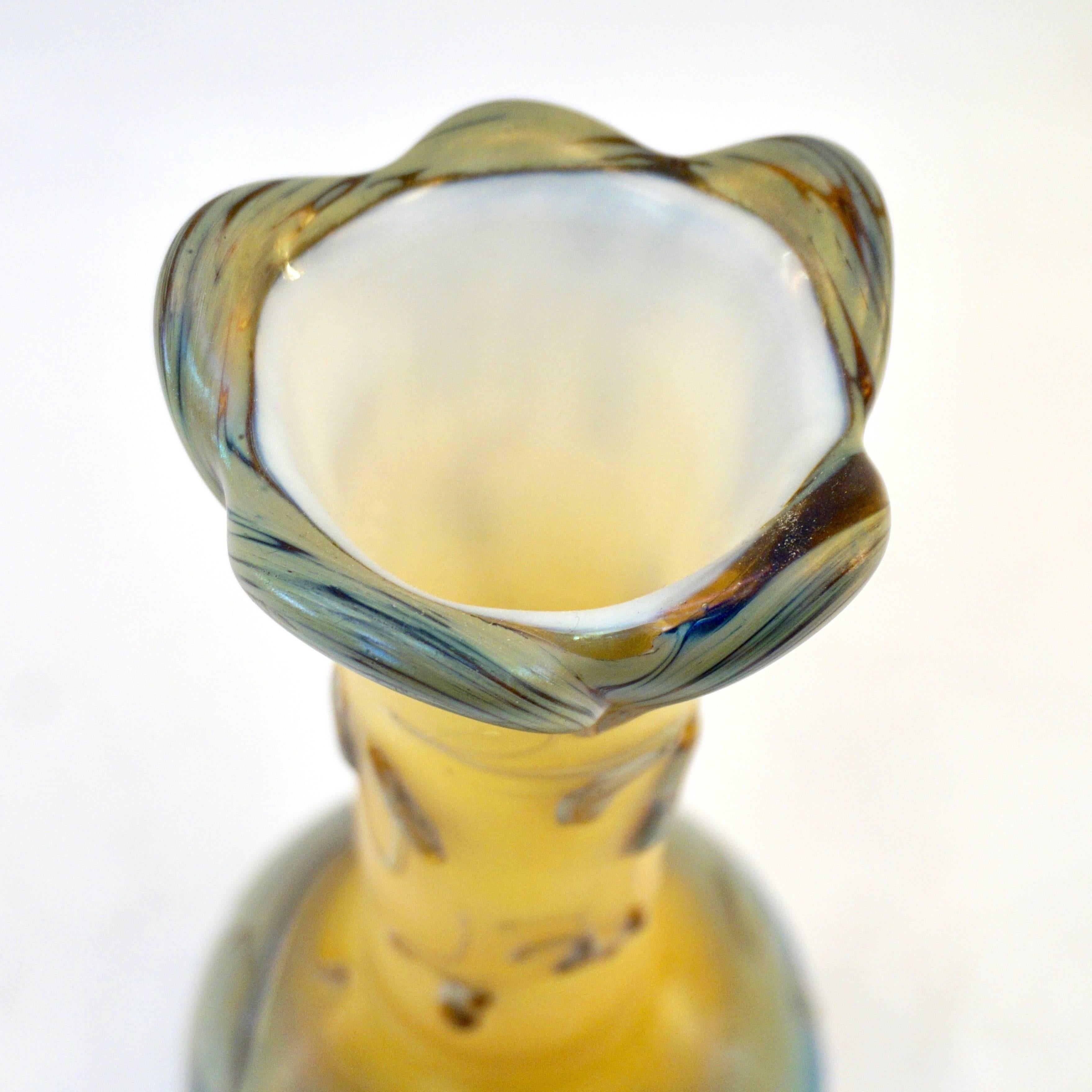 Art Nouveau French Antique Iridescent Yellow Azure Blue and Gray Art Glass Vase 3