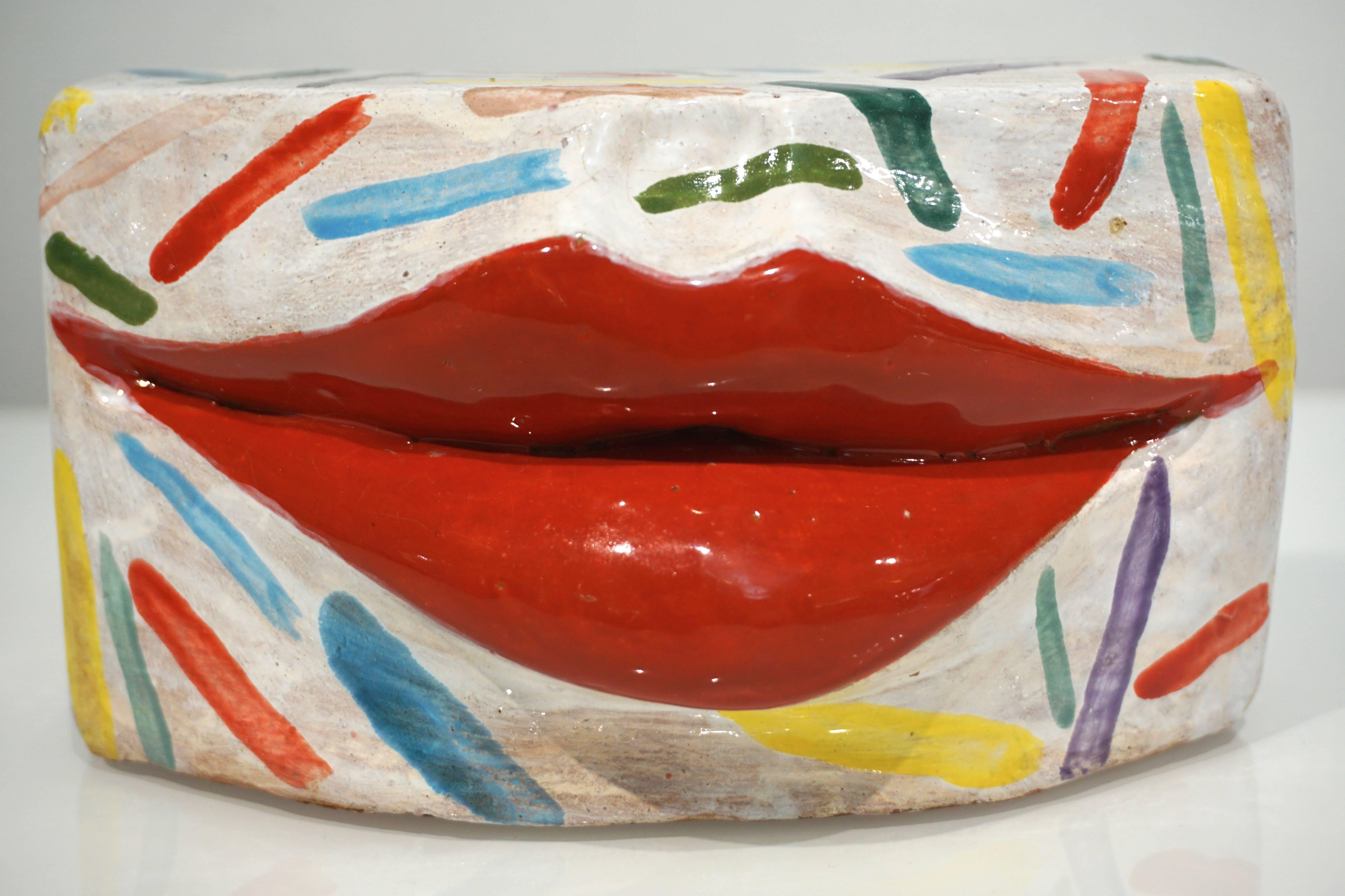 Kiss, Italian Enameled Terracotta Sculpture by Ginestroni with Lipstick Red Lips 2