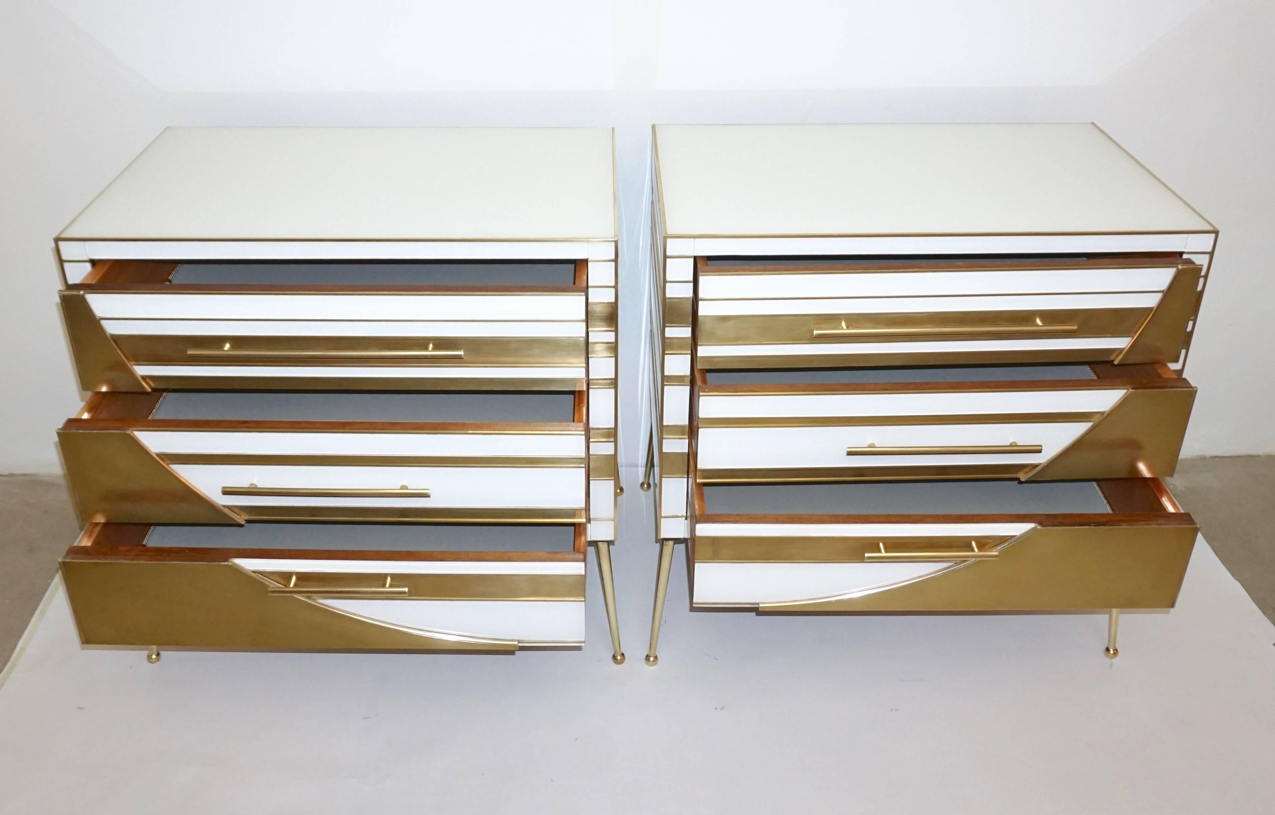 Organic Modern Contemporary Italian Pair of Gold Brass and White Cream Glass Chests Side Tables
