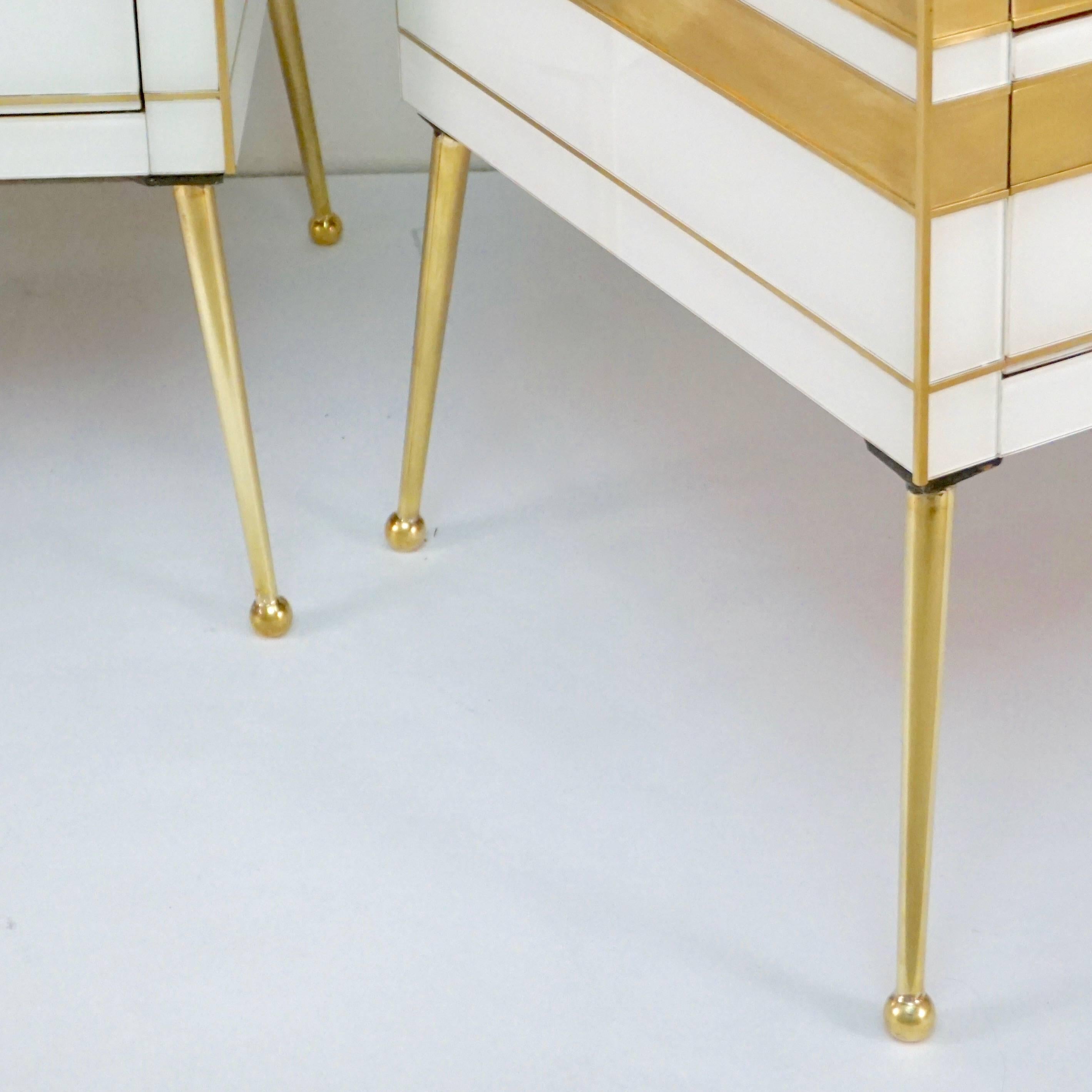 Contemporary Italian Pair of Gold Brass and White Cream Glass Chests Side Tables 2