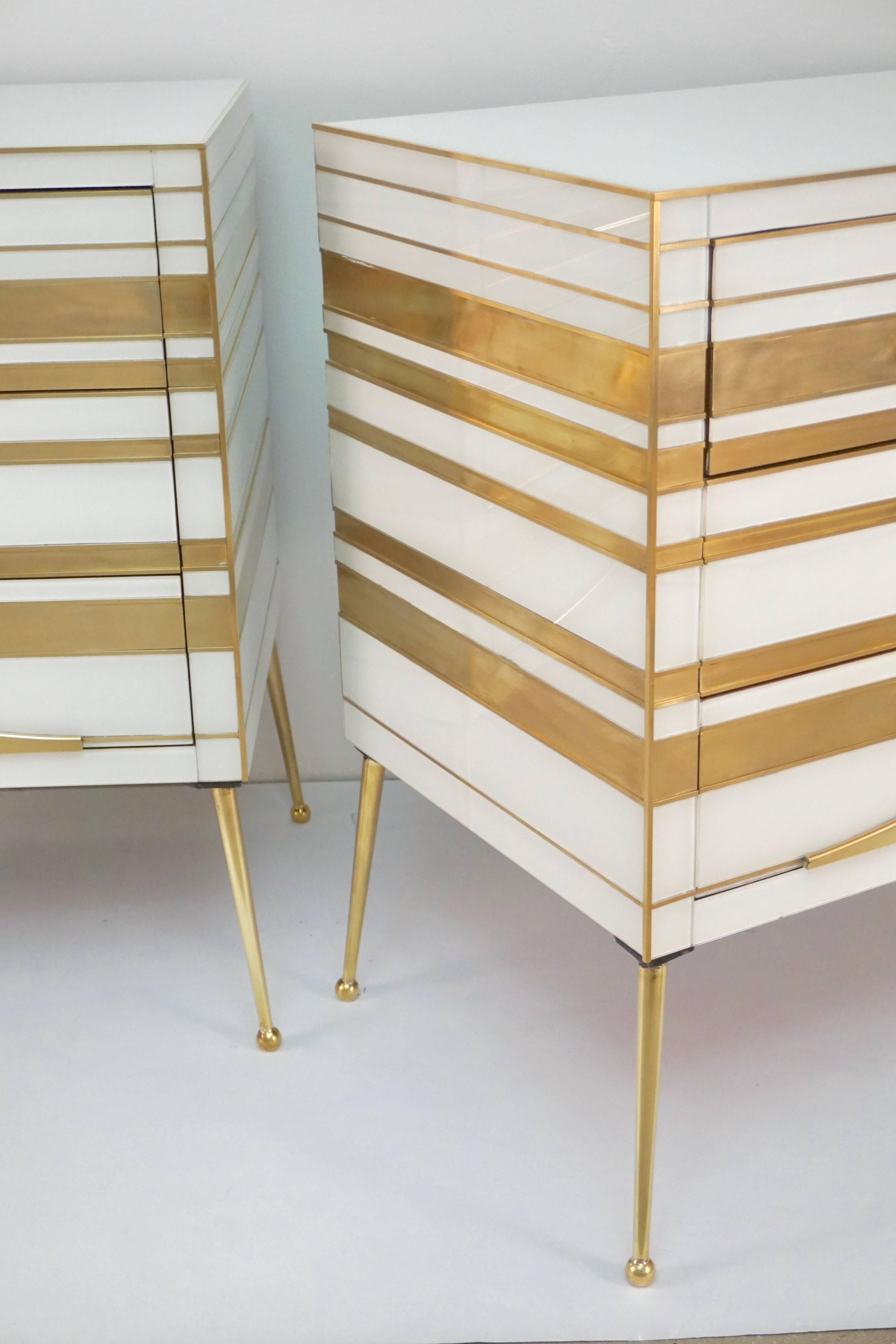 Hand-Crafted Contemporary Italian Pair of Gold Brass and White Cream Glass Chests Side Tables