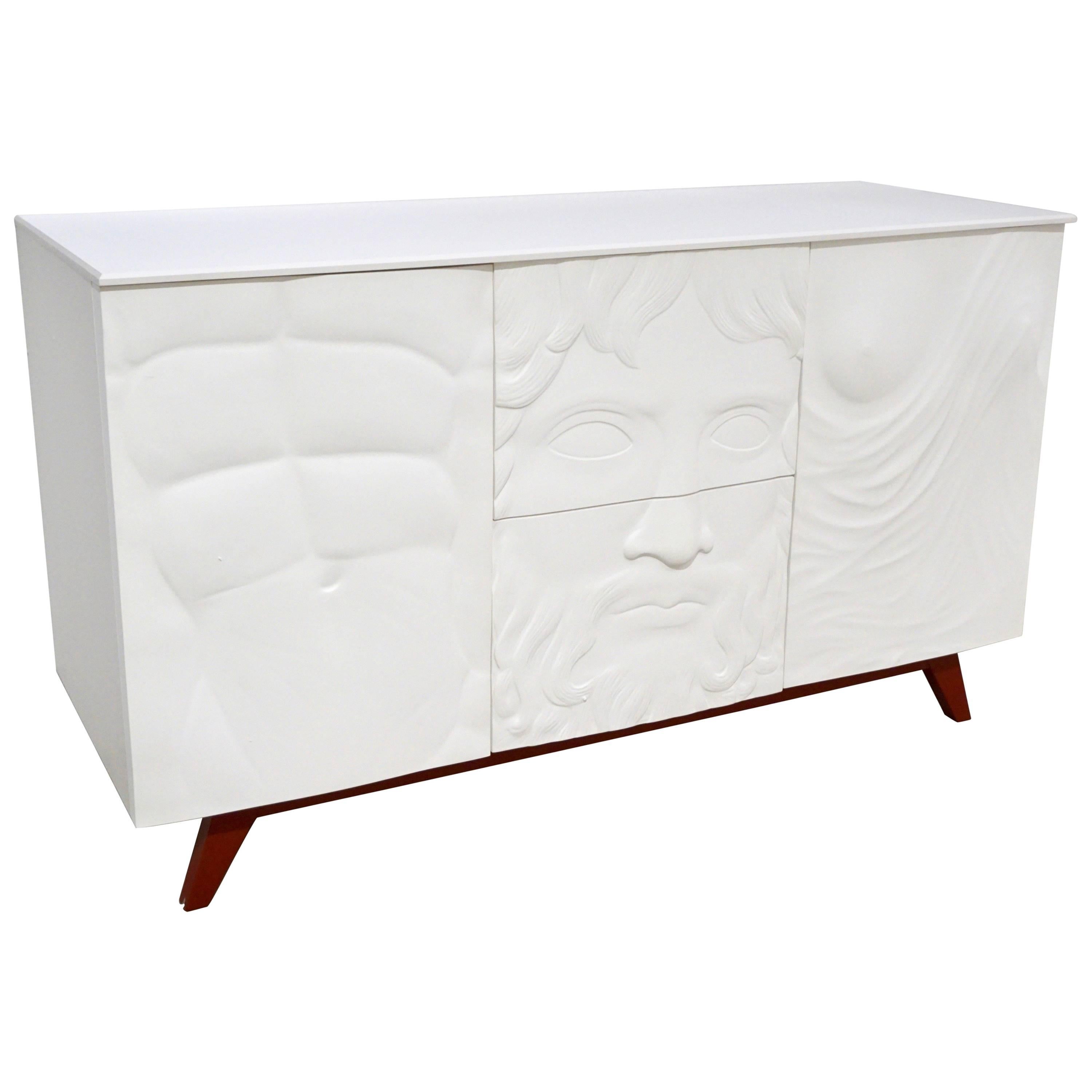 Contemporary Italian Design White Sideboard or Cabinet with Burgundy Wood Legs