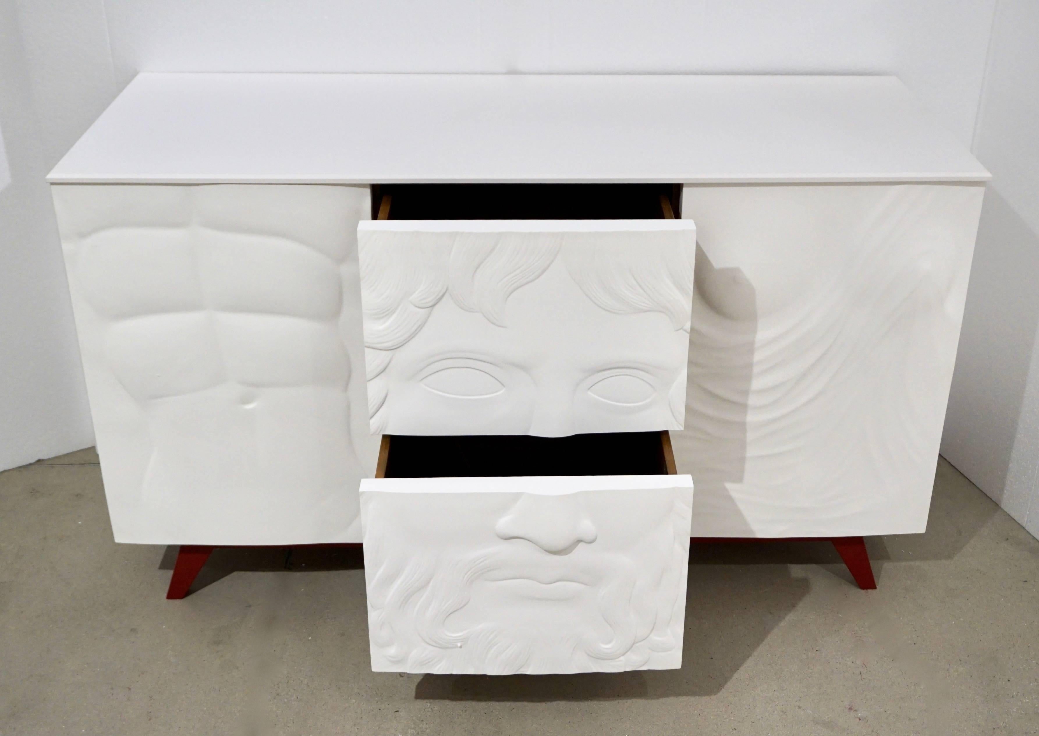 Organic Modern Contemporary Italian Design White Sideboard or Cabinet with Burgundy Wood Legs