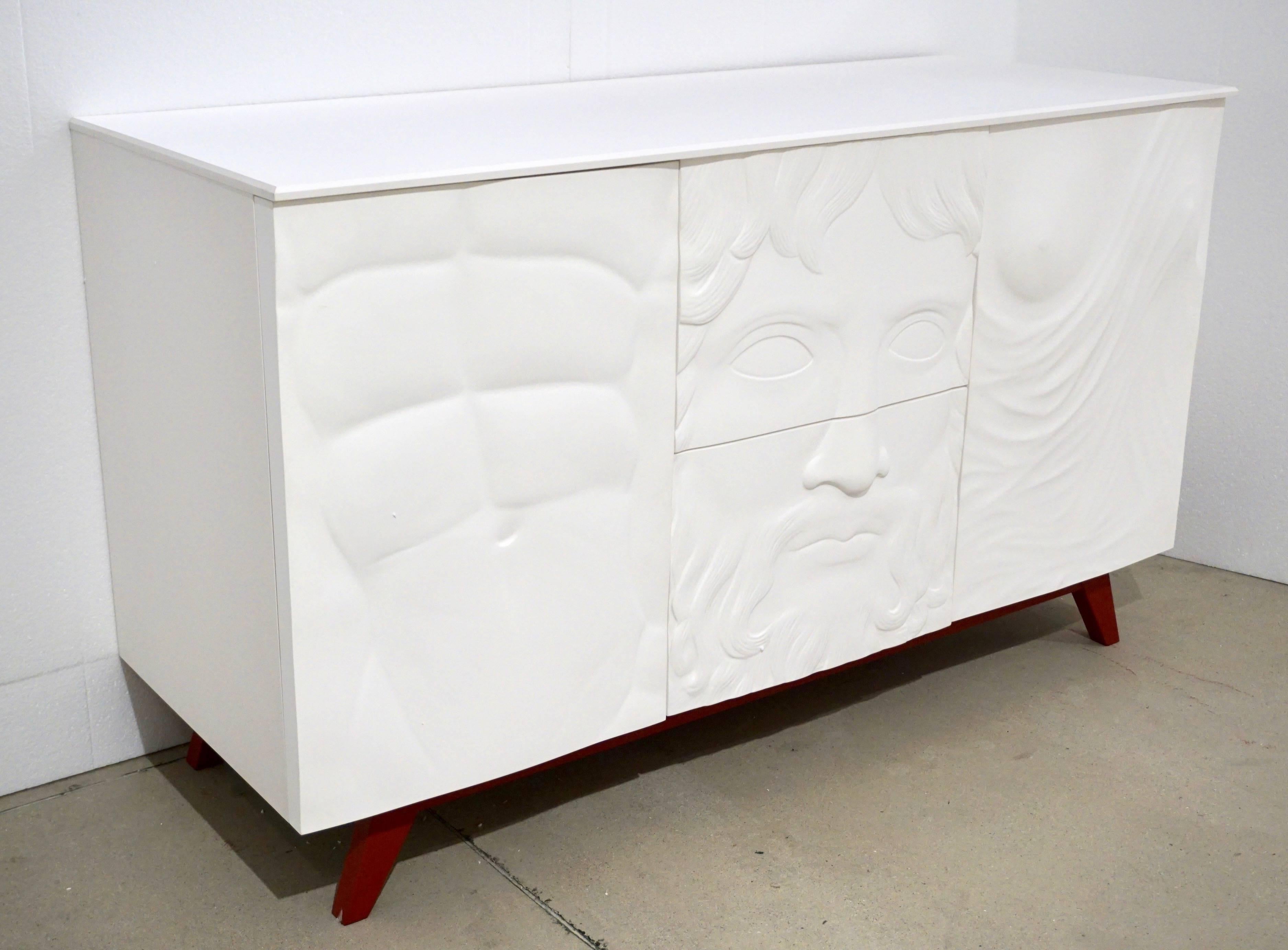 Contemporary Italian Design White Sideboard or Cabinet with Burgundy Wood Legs In Excellent Condition In New York, NY