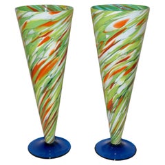 Vintage Cenedese 1970 Pair of White Green Orange Murano Glass Conical Vases on Blue Base
