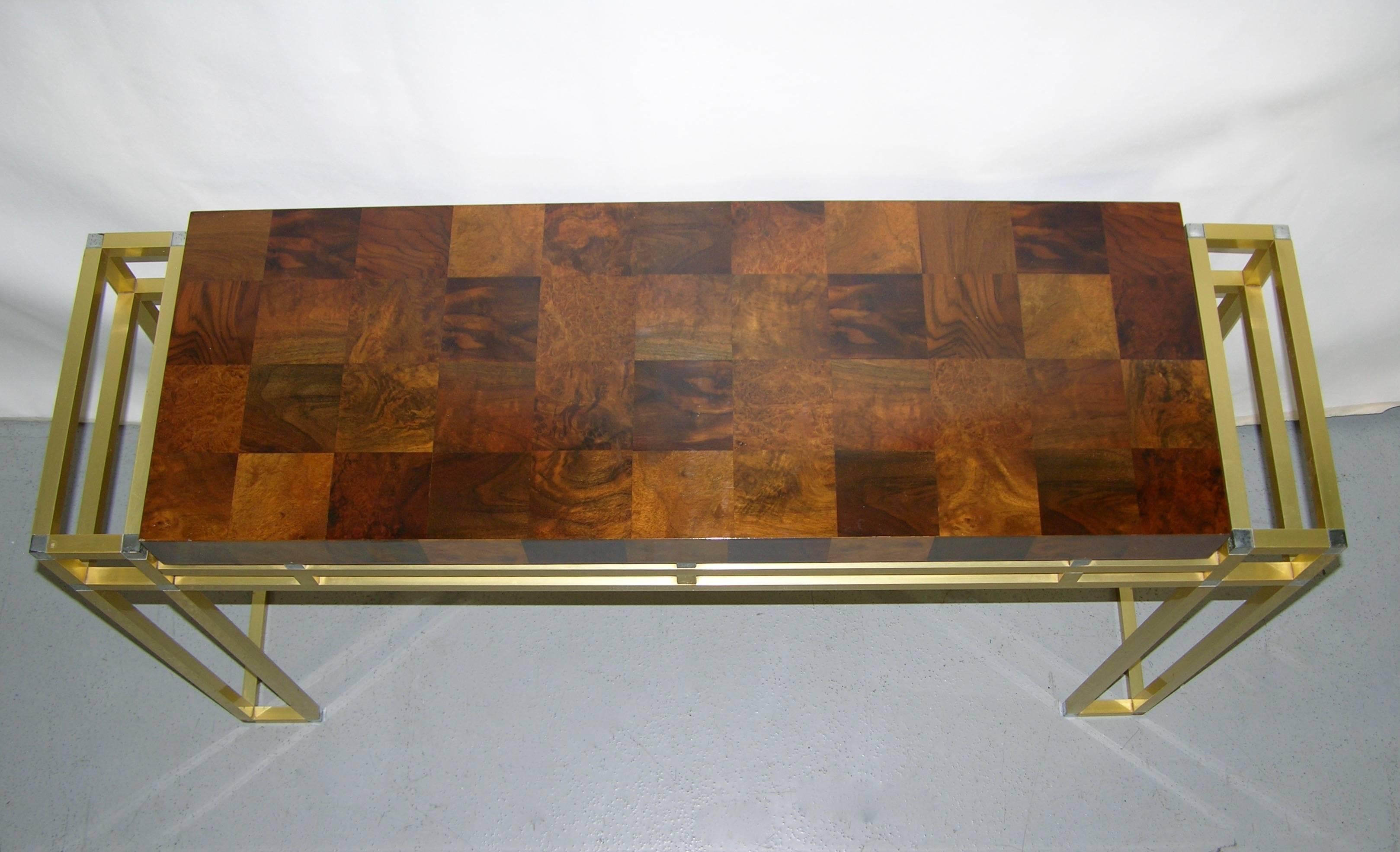 Mario Sabot 1970s Double-Framed Bronze and Burl Walnut Console In Excellent Condition In New York, NY