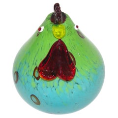 1980s Italian Turquoise Blue and Green Murano Glass Round Rooster Sculpture