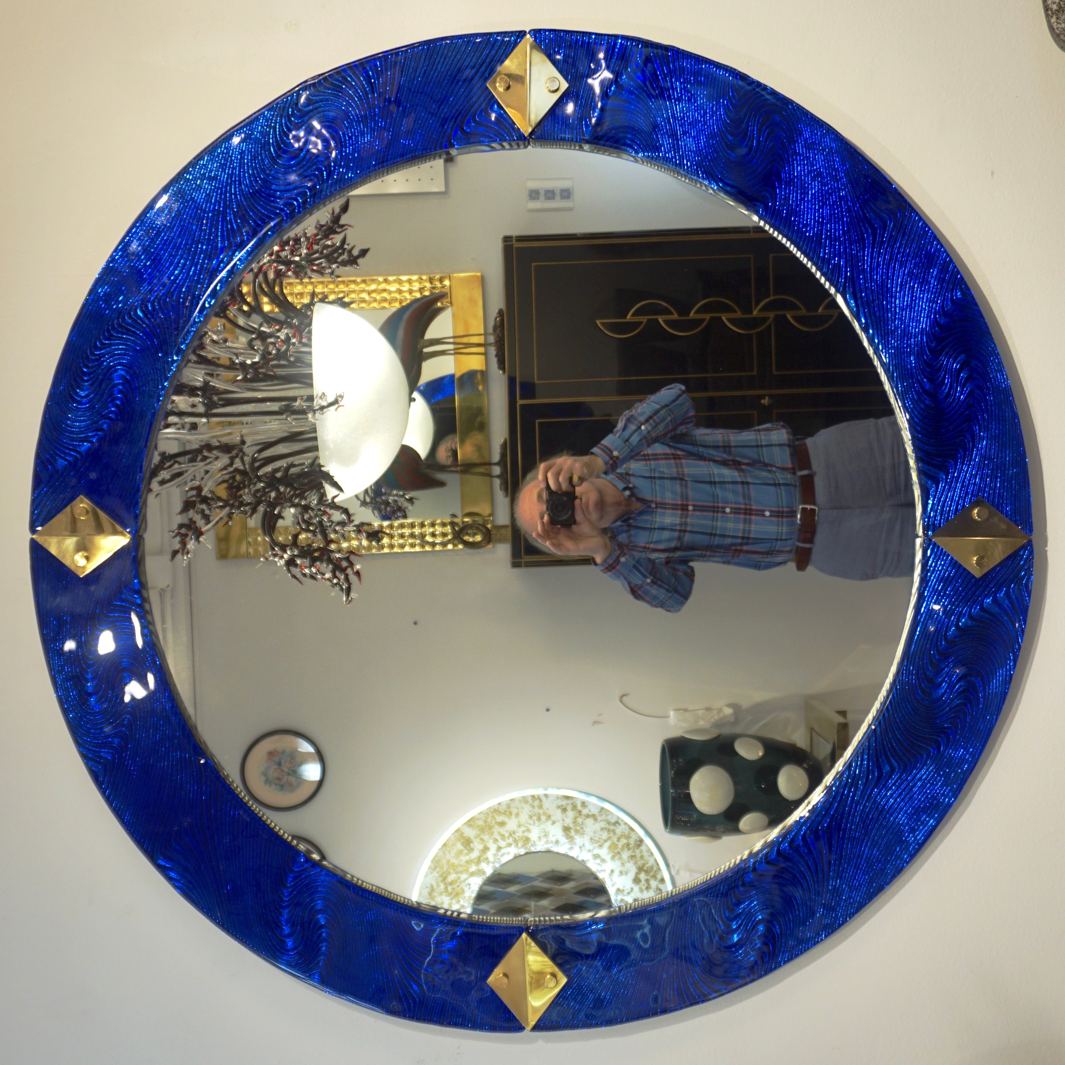 Bespoke Italian Custom Brass and Textured Cobalt Blue Murano Glass Round Mirror For Sale