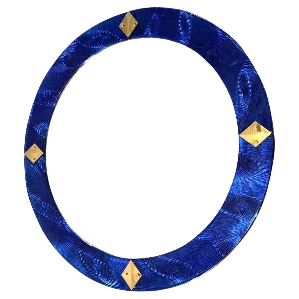Bespoke Italian Custom Brass and Textured Cobalt Blue Murano Glass Round Mirror