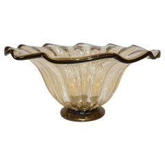 Italian Gold Dust Crystal Murano Glass Scalloped Centerpiece/Bowl with Black Rim