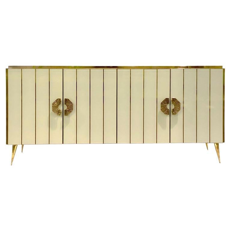 Customizable Italian Art Deco Style Ivory White Glass Brass Modern Cabinet For Sale