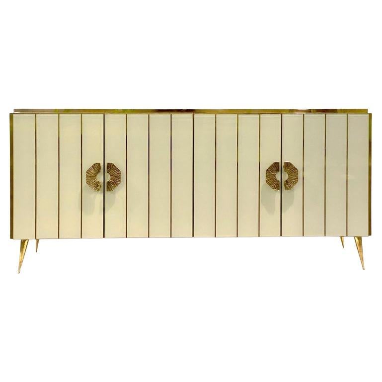 Customizable Italian Art Deco Style Ivory White Glass Brass Modern Cabinet