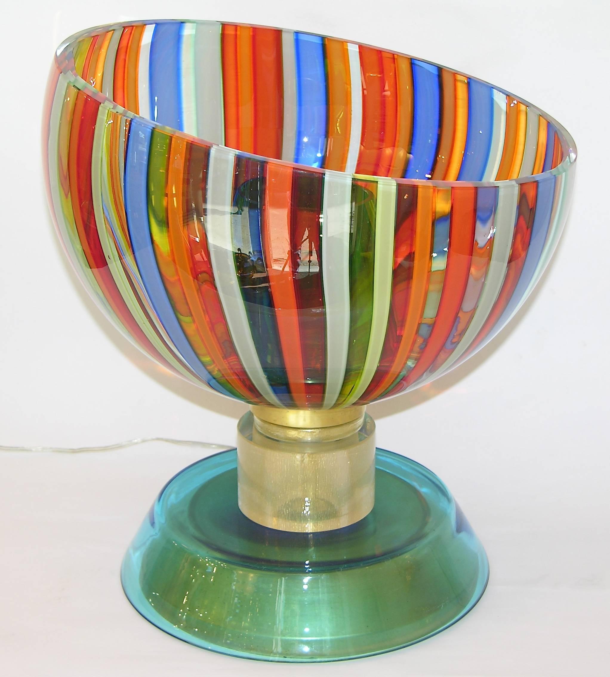 Late 20th Century Cenedese 1970s Pair of Murano Glass Lamps with Blue Green Orange White Stripes