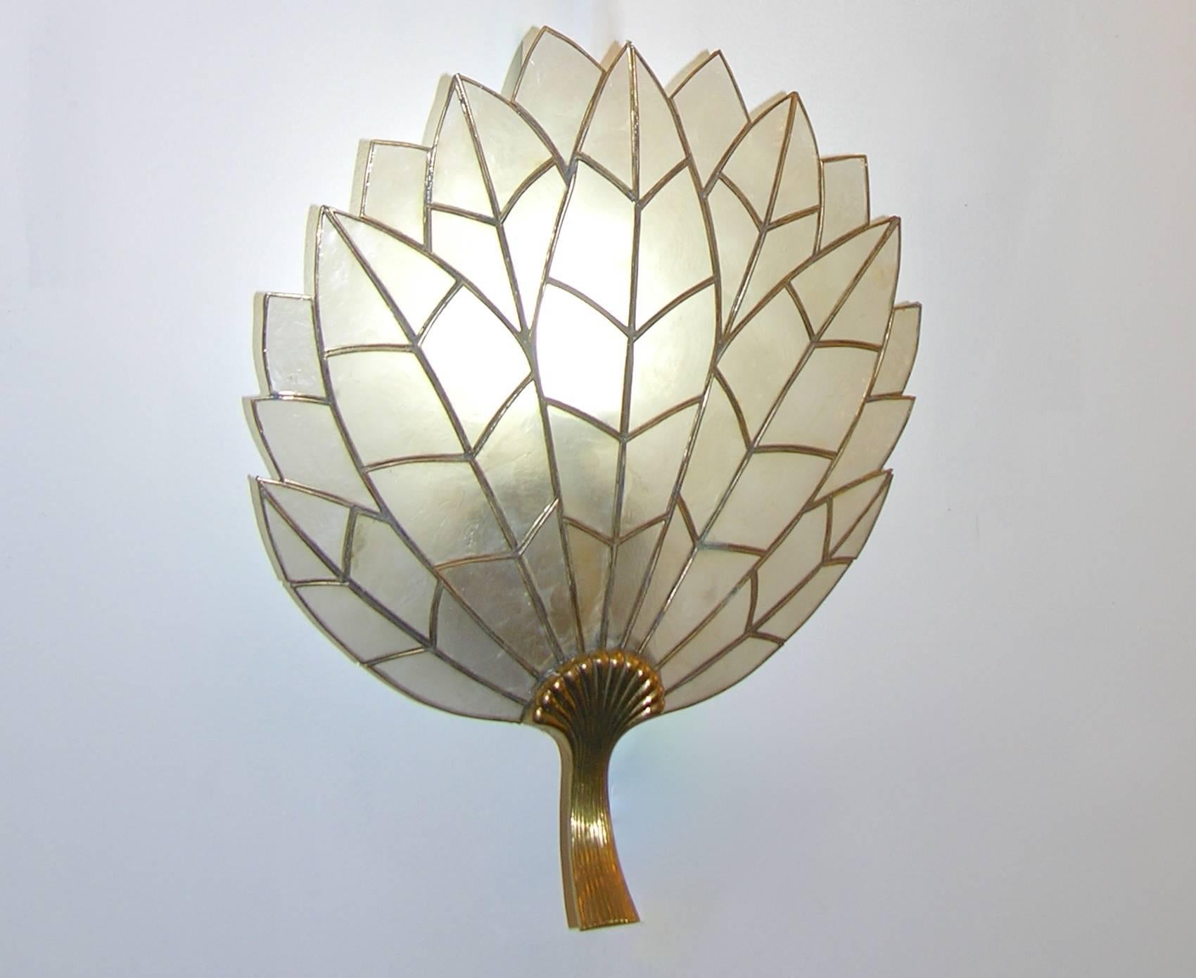 Mother-of-Pearl Art Deco Pair of Leaf Leaded Sconces in Mother-of-pearl