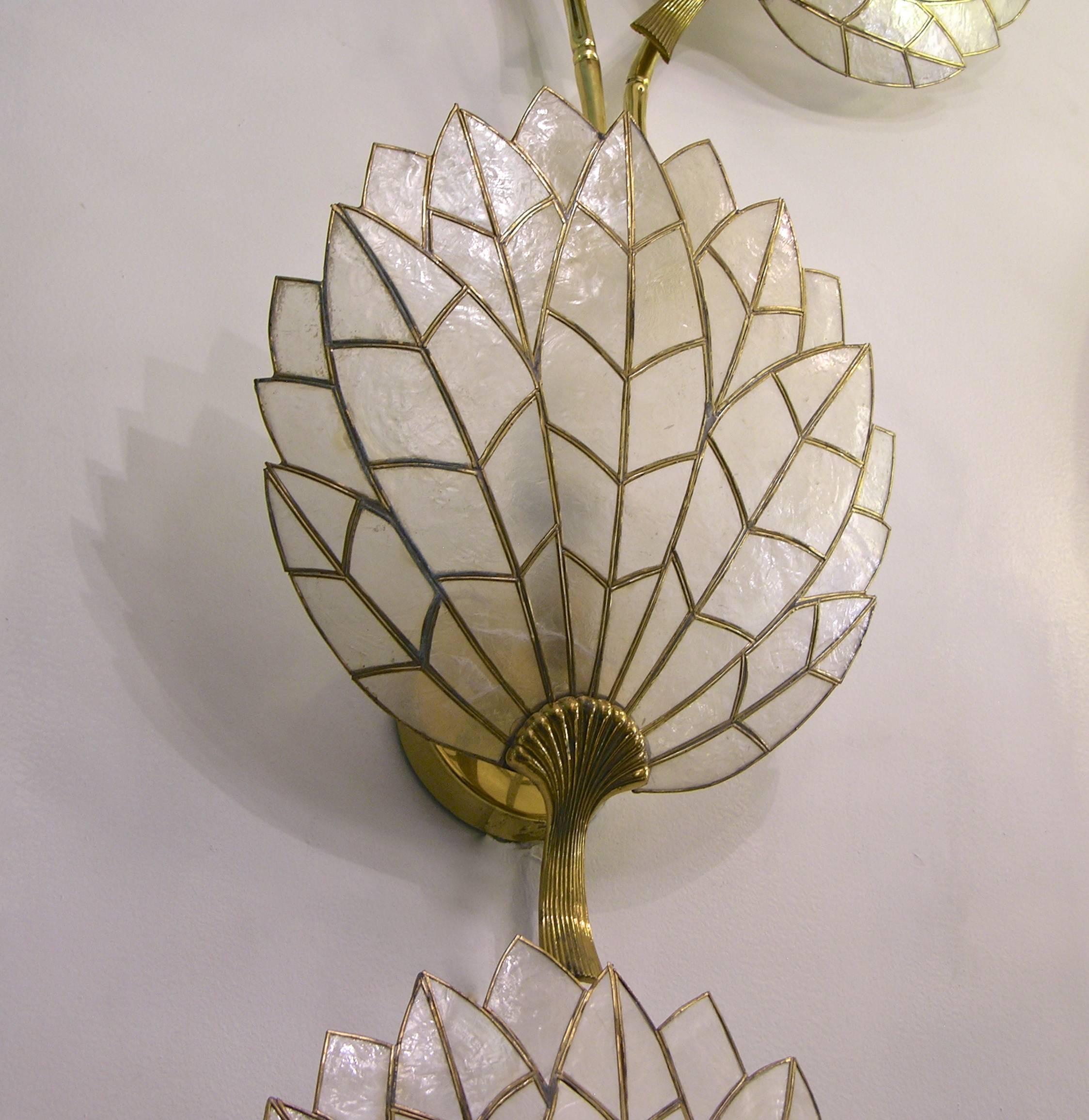 Mid-20th Century Art Deco Pair of Leaf Leaded Sconces in Mother-of-pearl