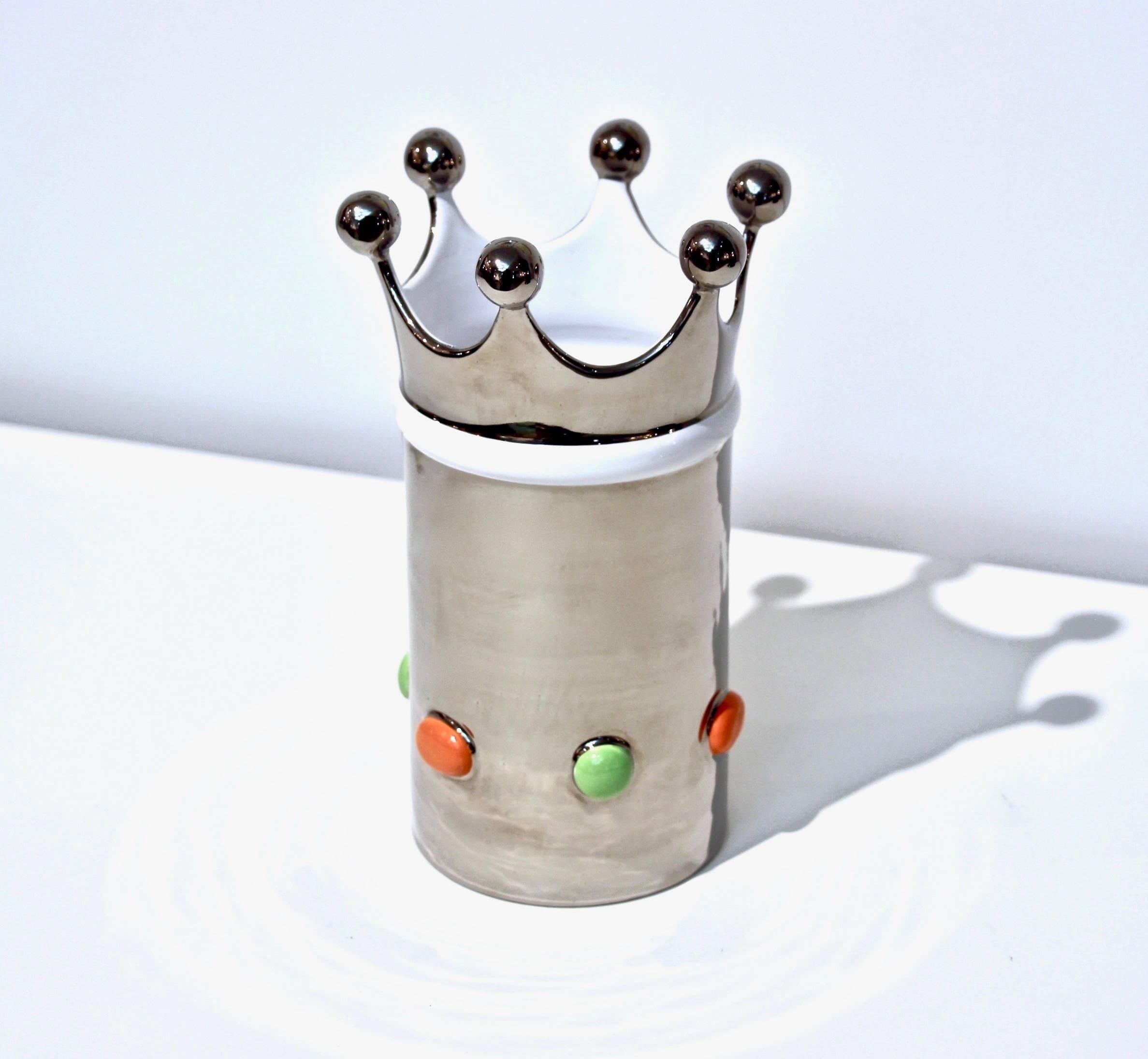 Italian Silver Platinum and White Majolica Crown Vase with Orange & Green Dots 3