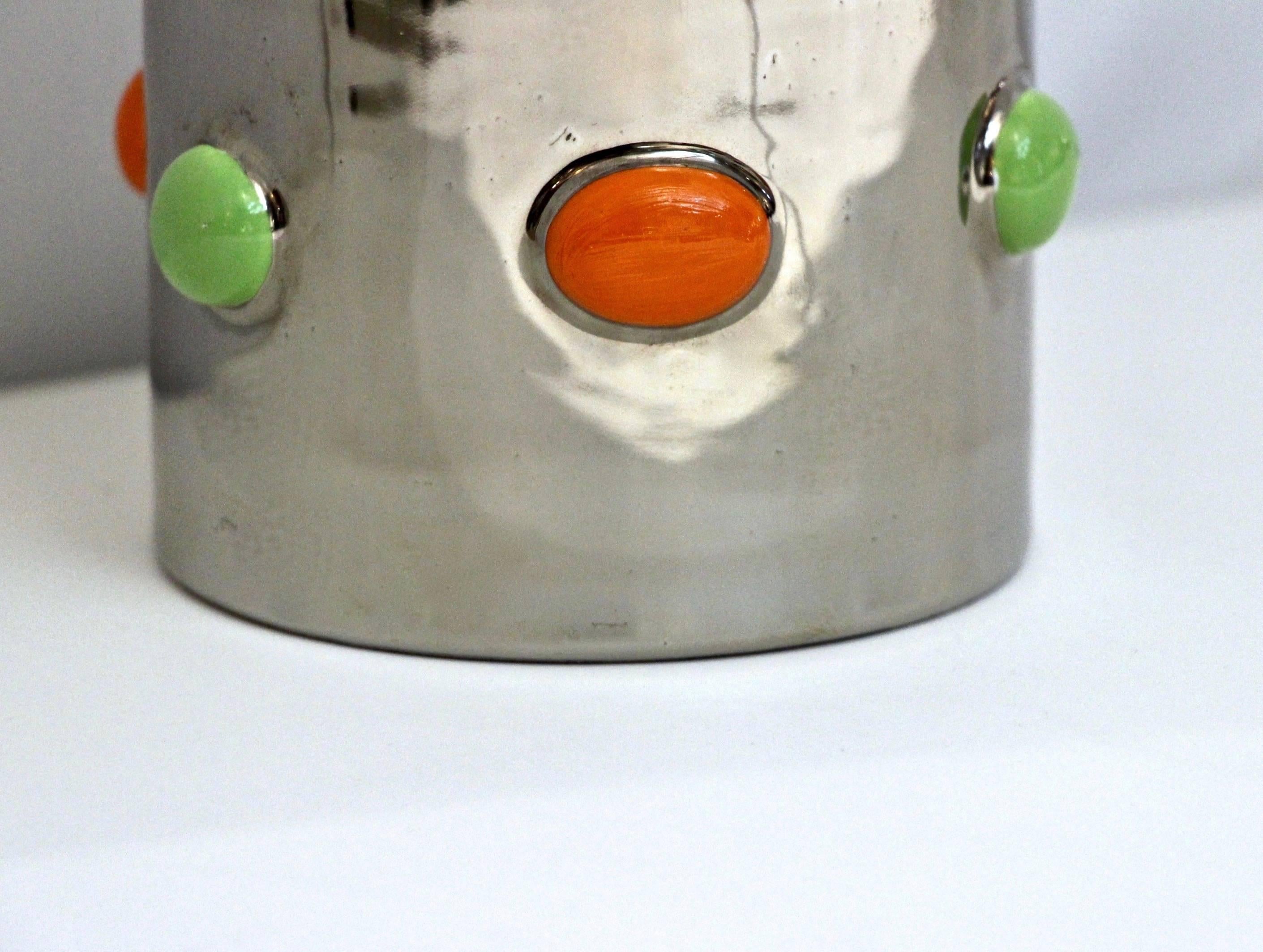 Contemporary Italian Silver Platinum and White Majolica Crown Vase with Orange & Green Dots
