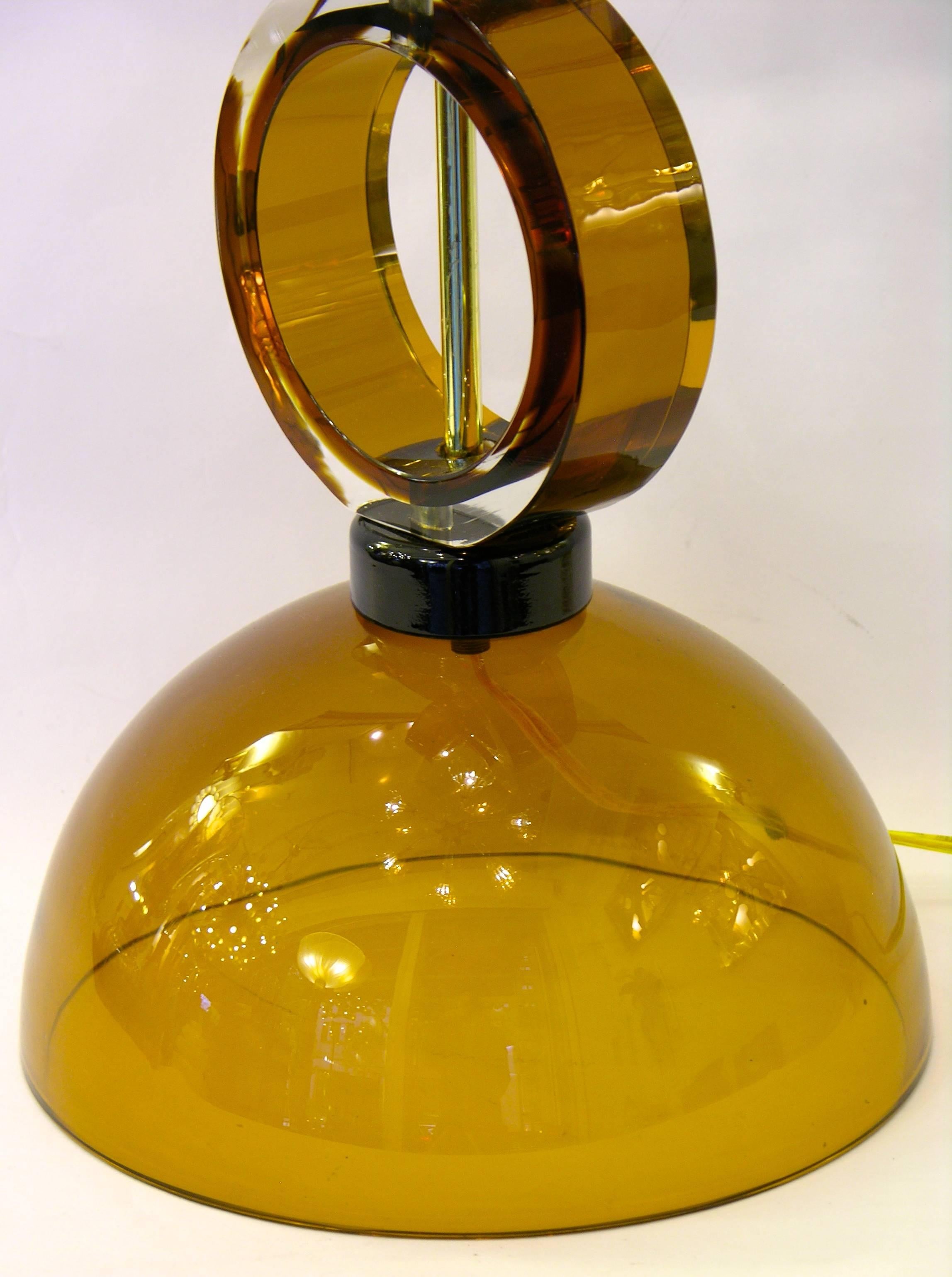 Brass 1970s Italian Pair of Amber Murano Glass Disks Lamps by Alberto Dona