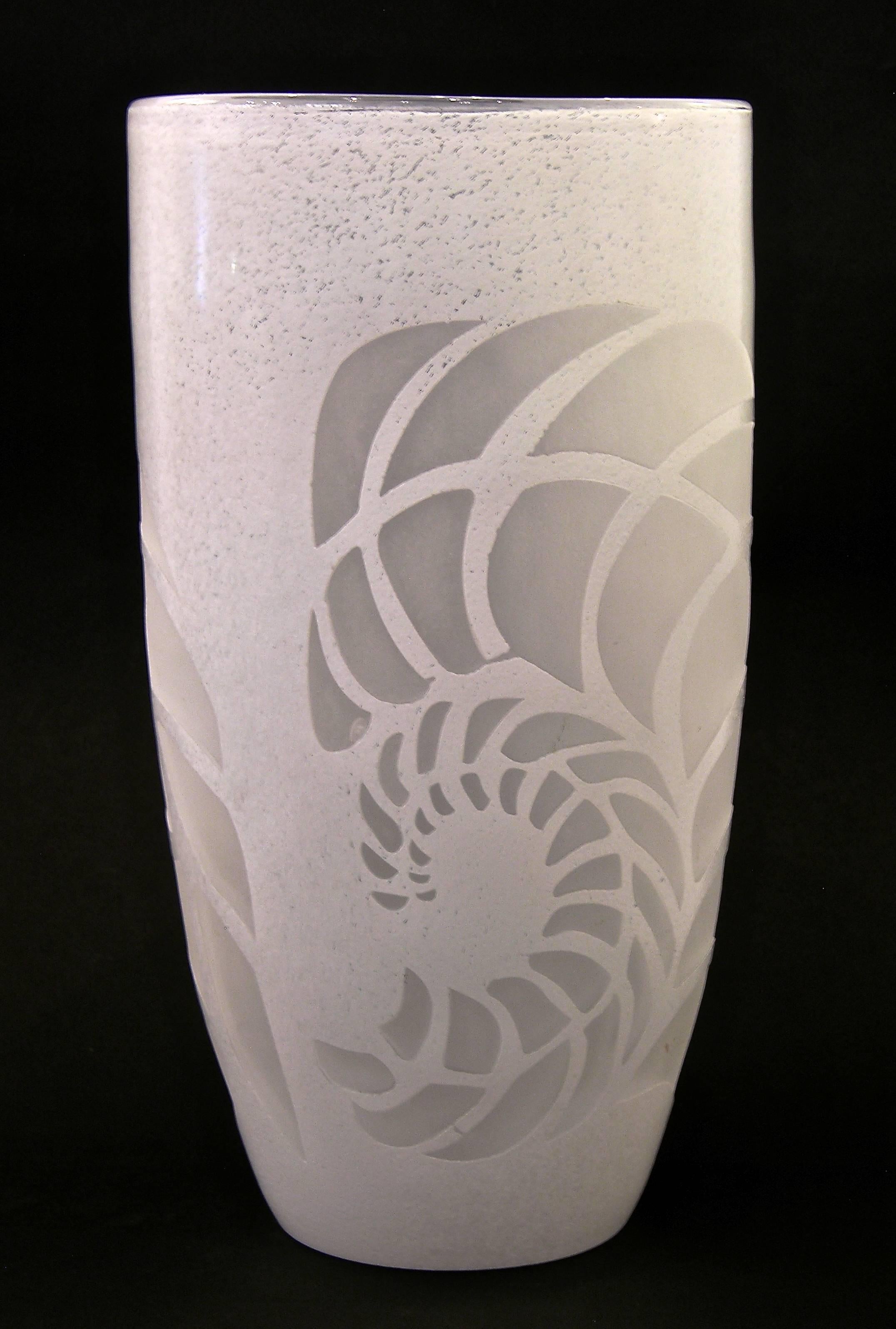 Italian White Textured Murano Glass Vase with Fern Decor