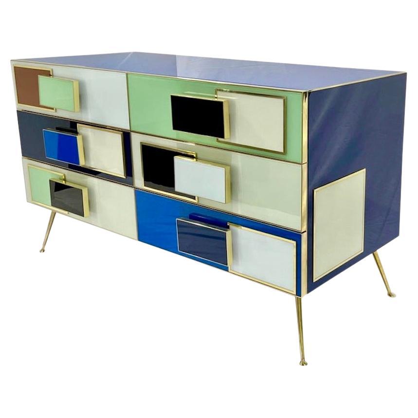 Bespoke Italian Mondrian Style Blue Green White Brown Modern Brass Dresser/Chest For Sale