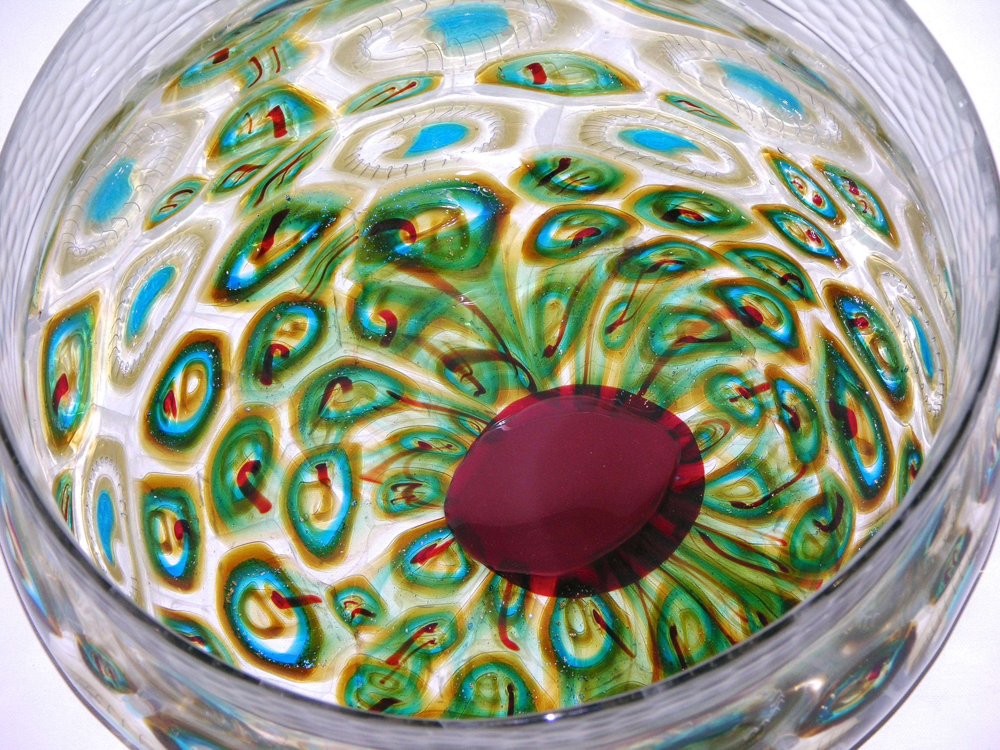 Afro Celotto Art Deco Design Glass Bowl with Peacock Murrine and Silver 2