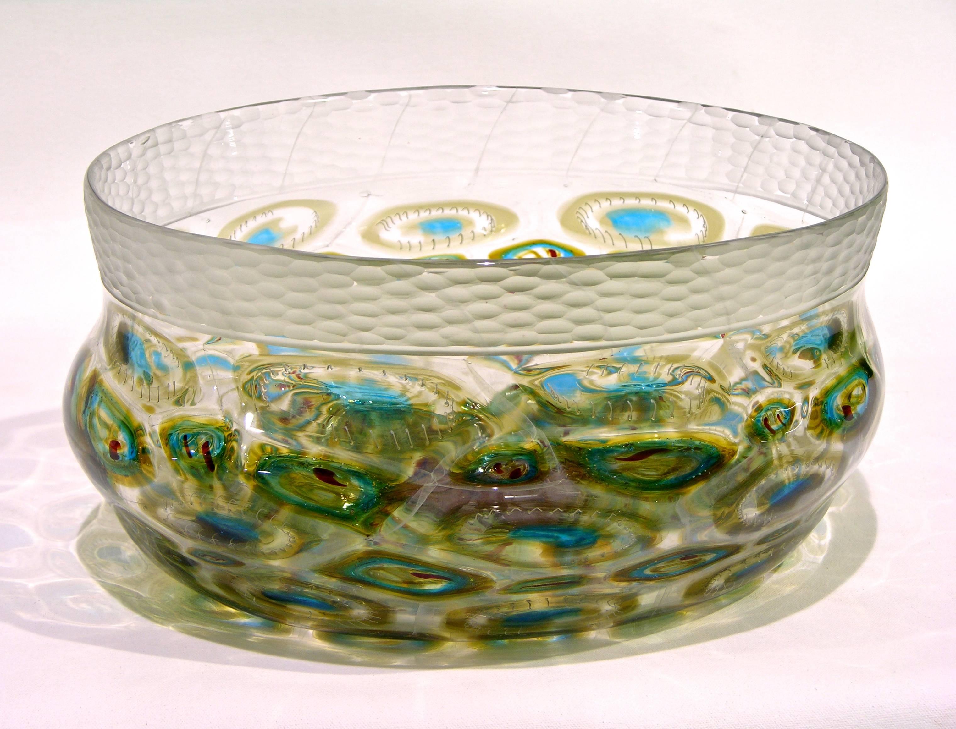Italian Afro Celotto Art Deco Design Glass Bowl with Peacock Murrine and Silver