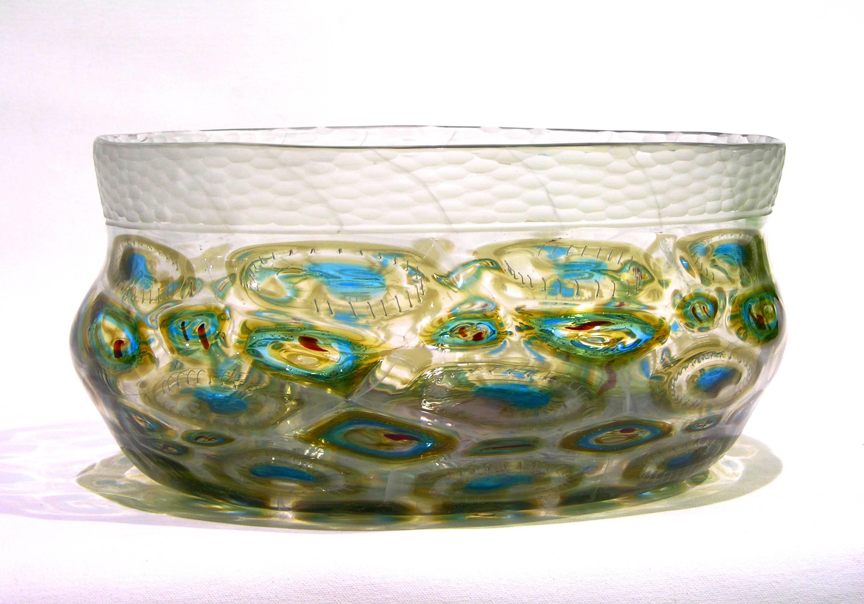 Afro Celotto Art Deco Design Glass Bowl with Peacock Murrine and Silver 4
