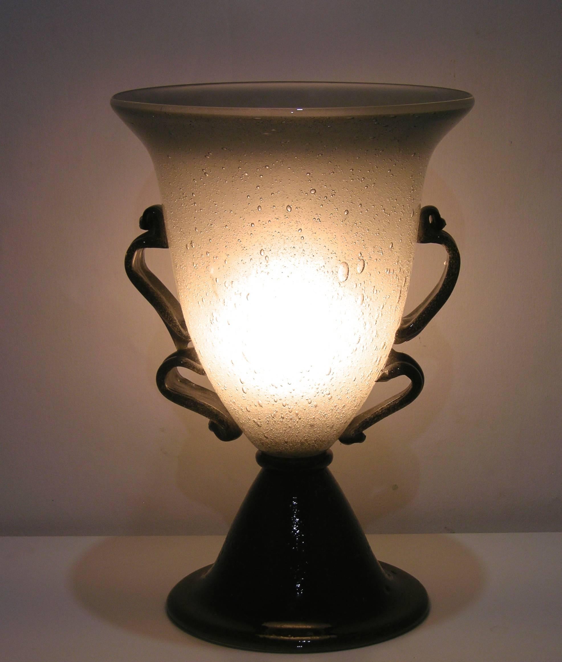 Frosted 1940s Italian Art Deco Black and Smoked Gray Blown Murano Glass Lamp For Sale