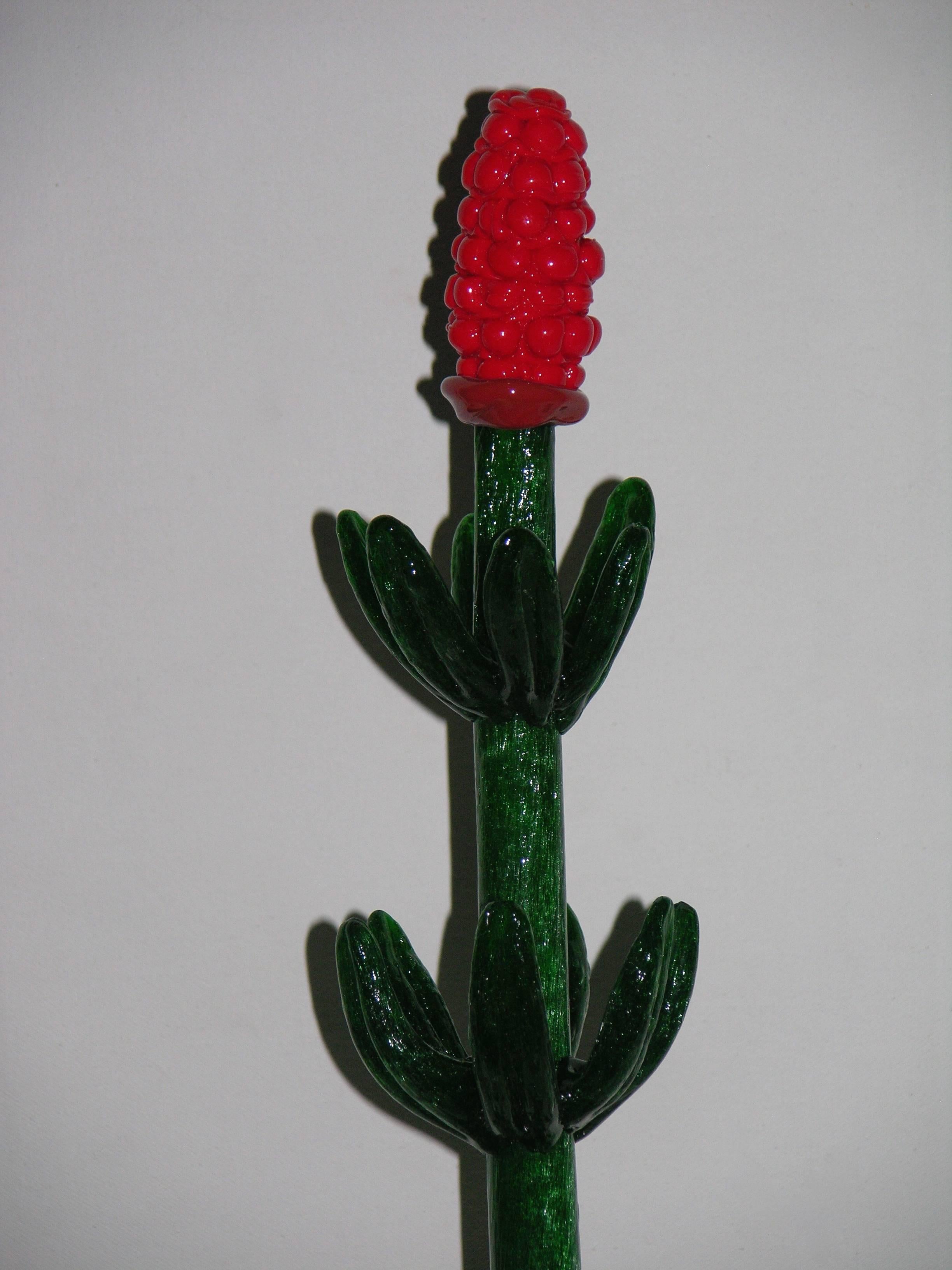 Late 20th Century 1980s Italian Pair of Organic Green Murano Glass Potted Plants with Red Flower