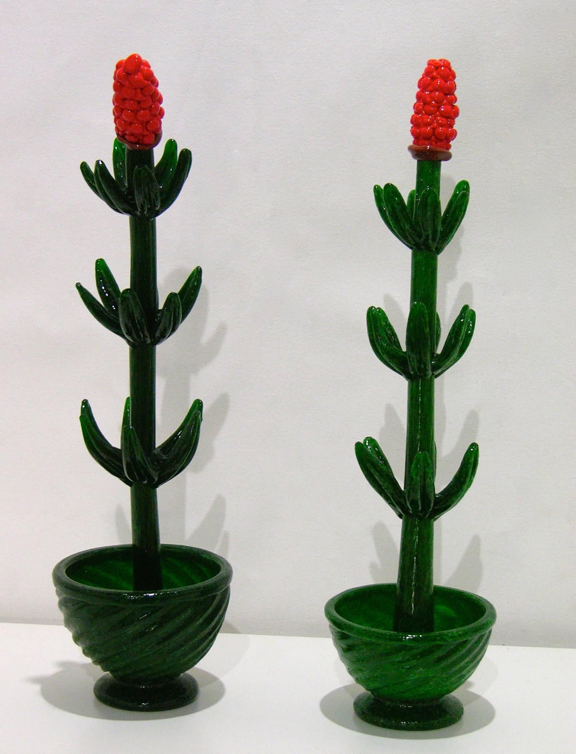 A whimsical Italian pair of flower plants in pots, exquisite quality of the blown Murano glass and detailing of organic execution, with textured stems and fleshy leaves, topped with red flowers so well realized that they seem real.
Ideal as