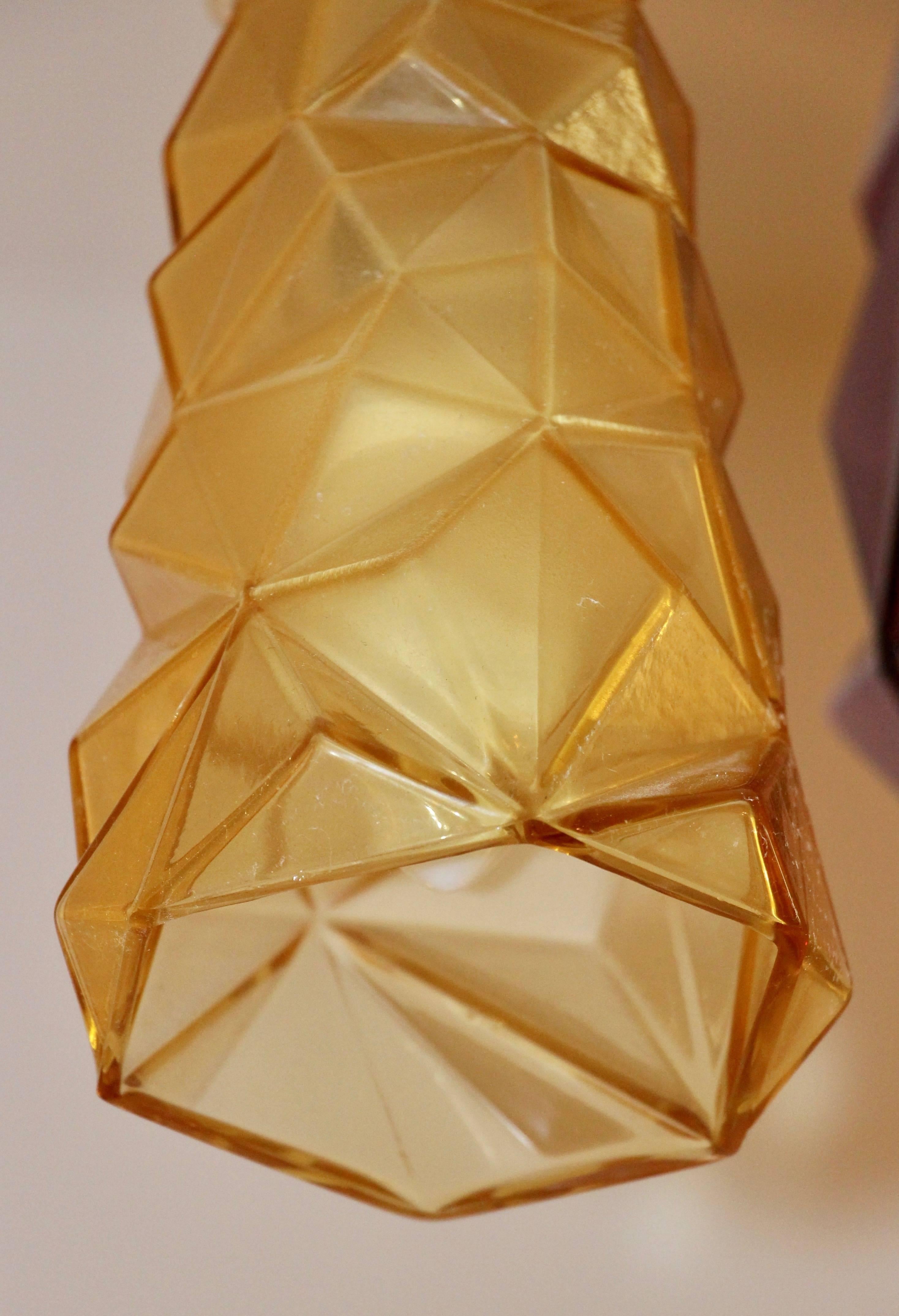 Contemporary Four Italian Diamond-Cut Purple and Yellow Murano Glass Pendants 1