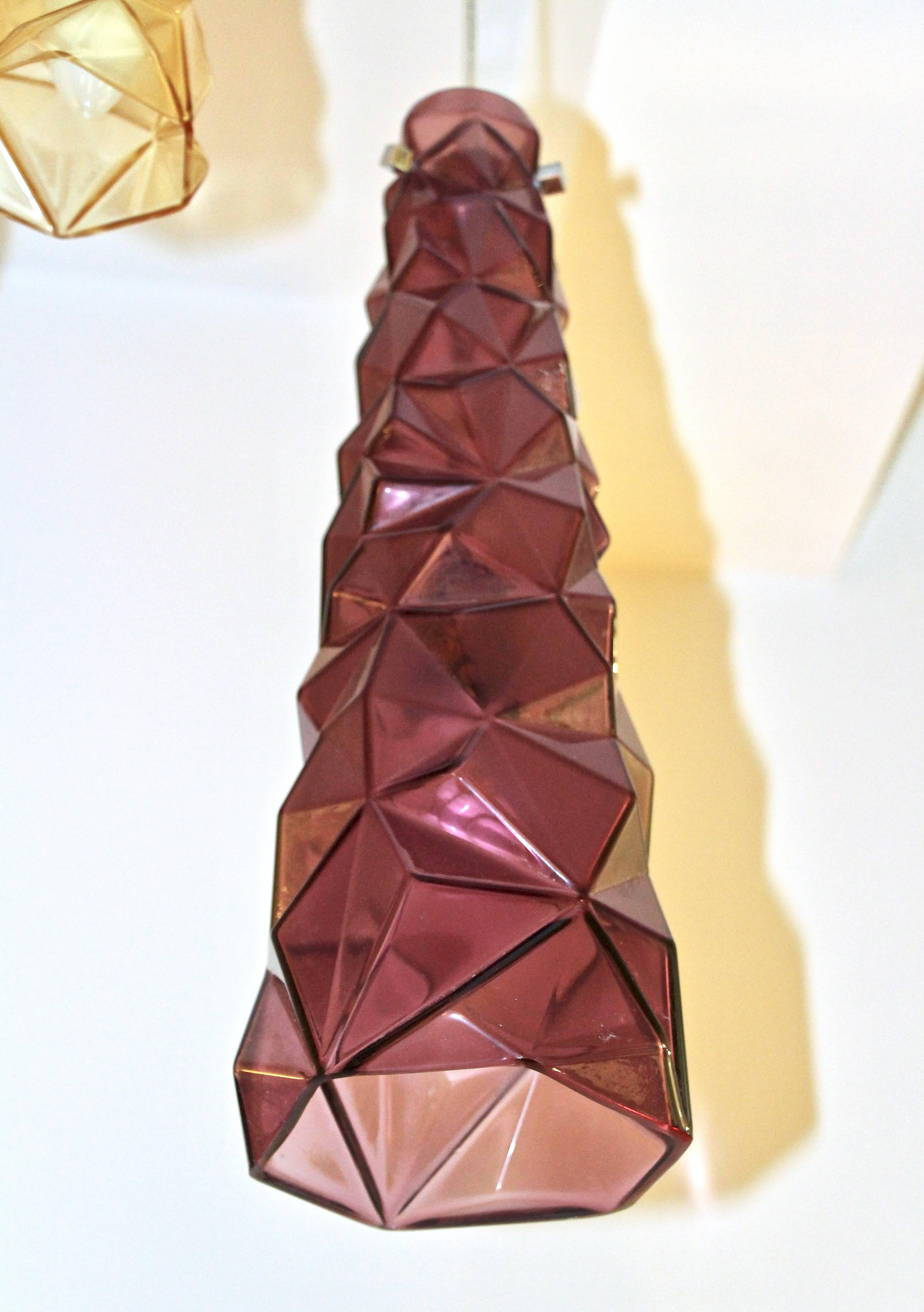 Contemporary Four Italian Diamond-Cut Purple and Yellow Murano Glass Pendants 2