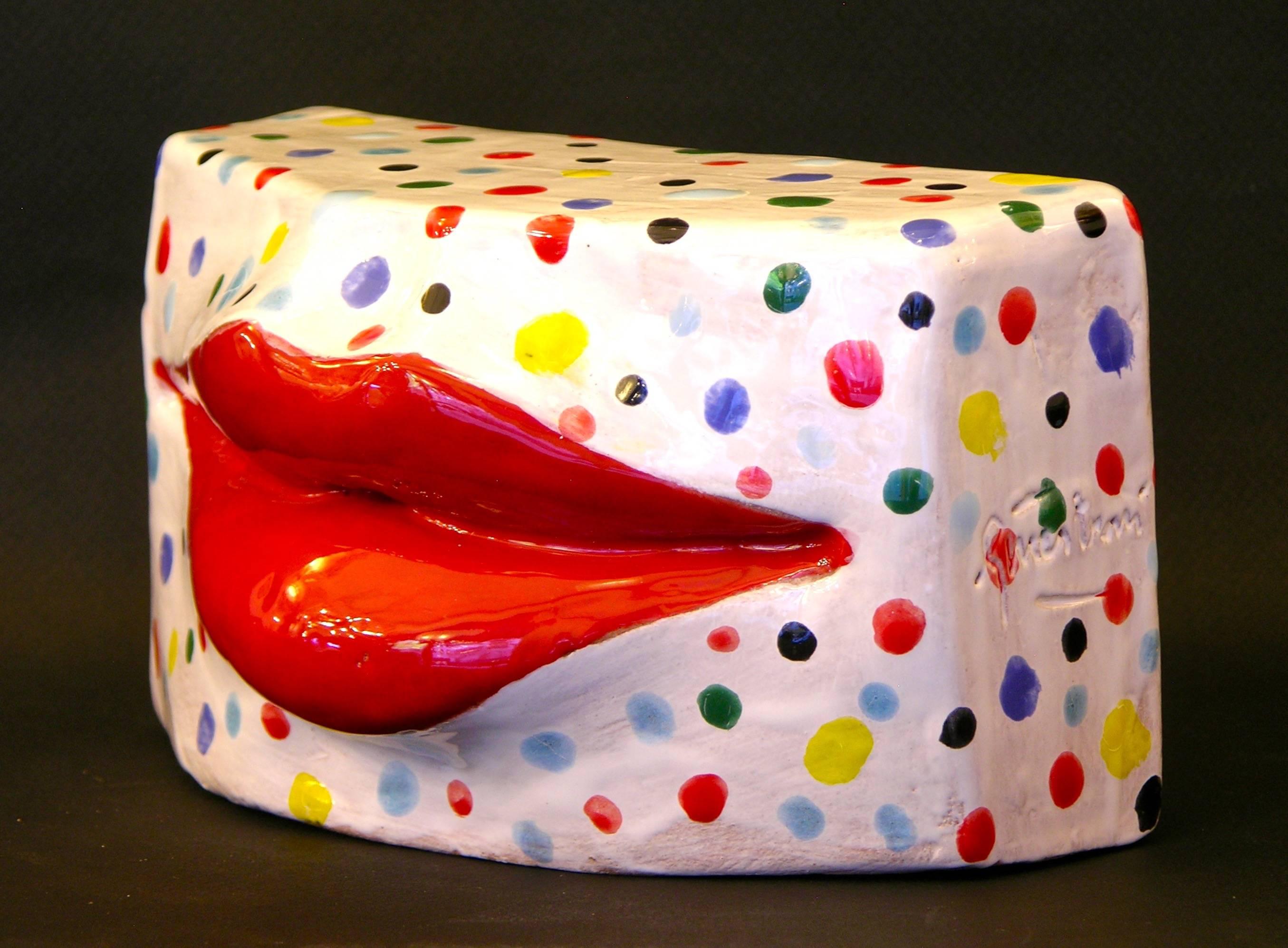 Italian Lipstick Red Lips Modern Terracotta Kiss Sculpture with Multicolor Dots on White