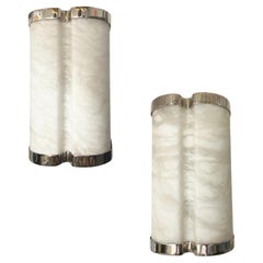 Bespoke Italian Art Deco Style Cream White Alabaster Pair Nickel Edged Sconces