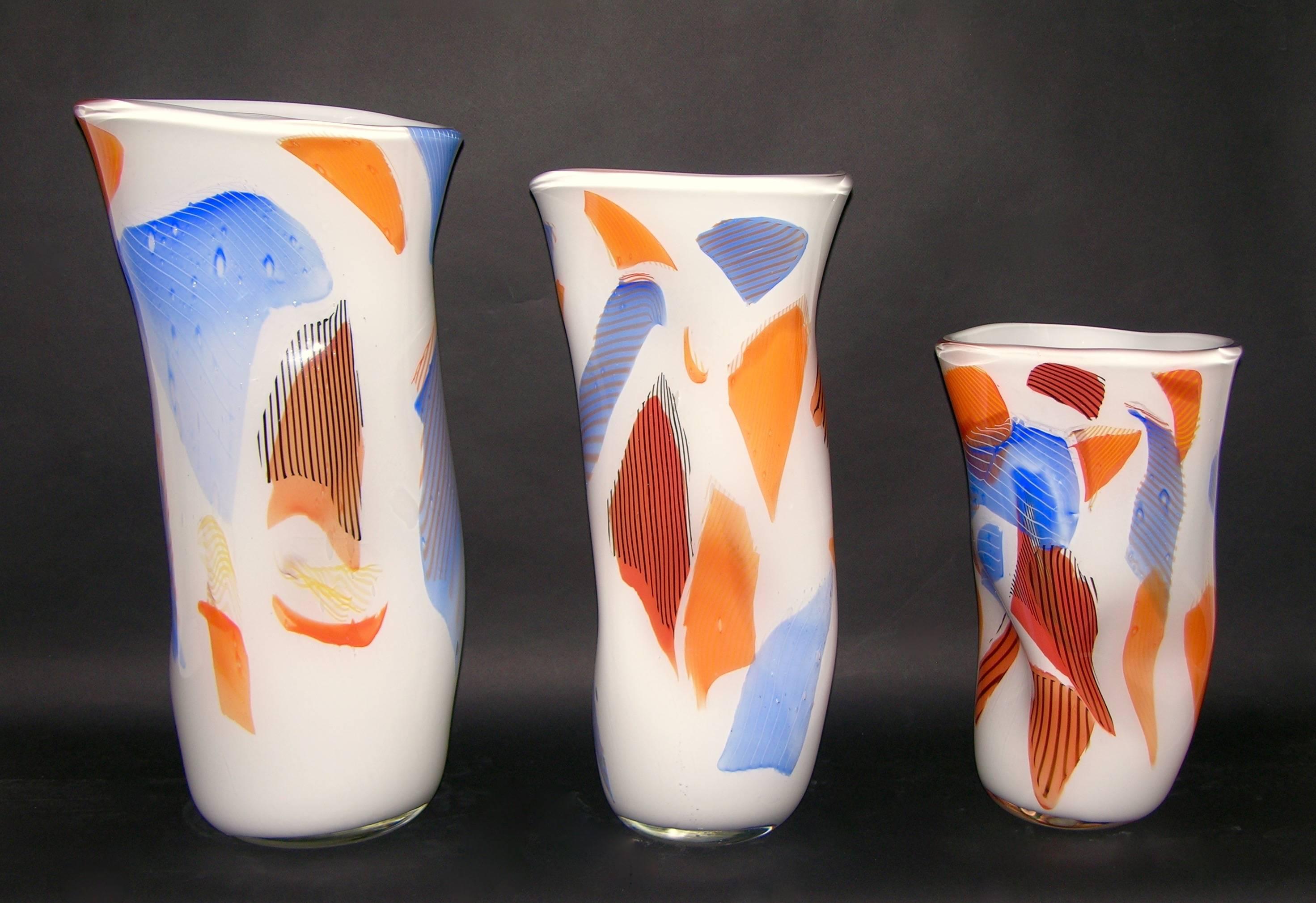 Davide Dona Set of 3 Freeform White Orange Red Blue Murano Art Glass Vases 1