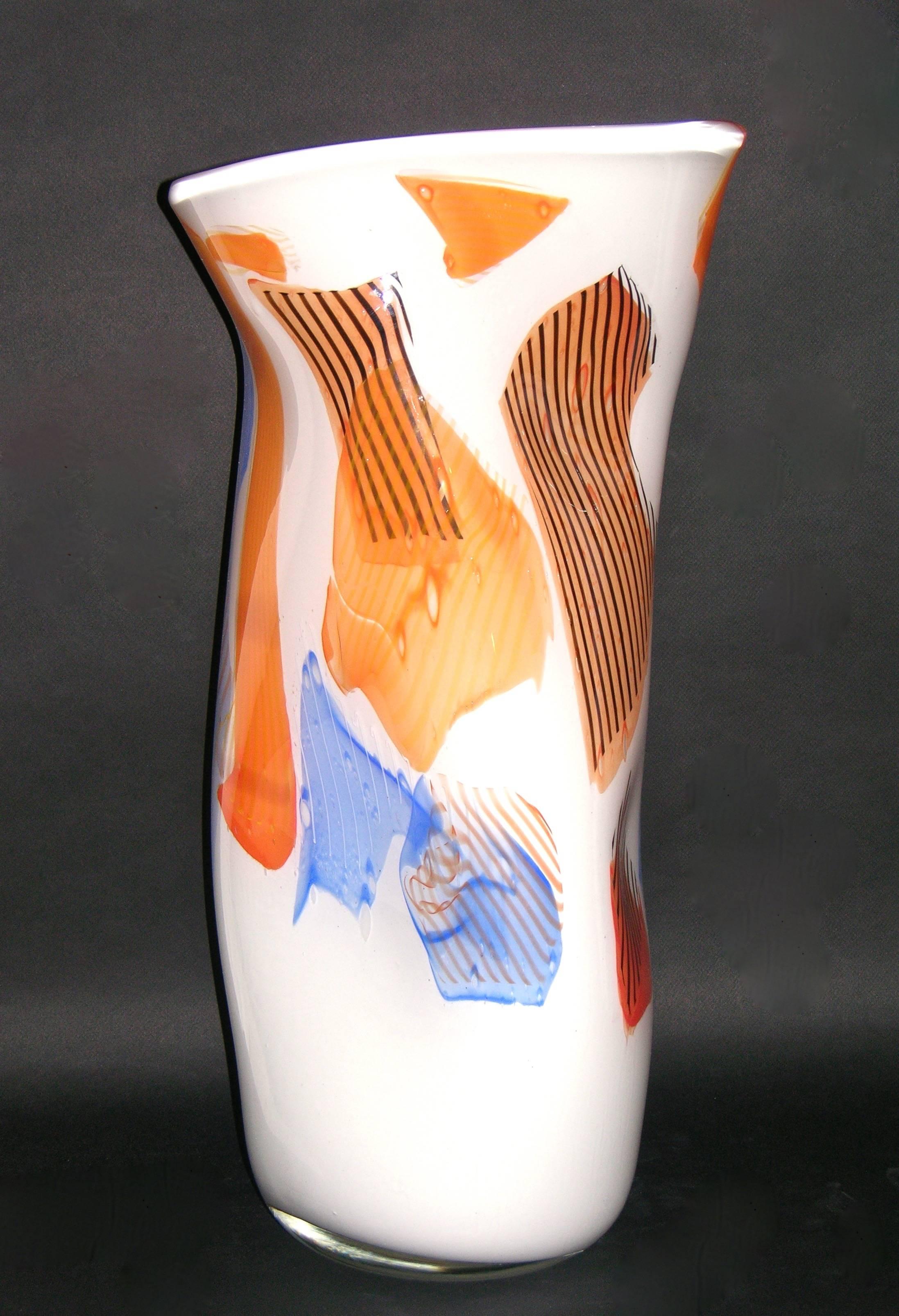 Davide Dona Set of 3 Freeform White Orange Red Blue Murano Art Glass Vases In Excellent Condition In New York, NY