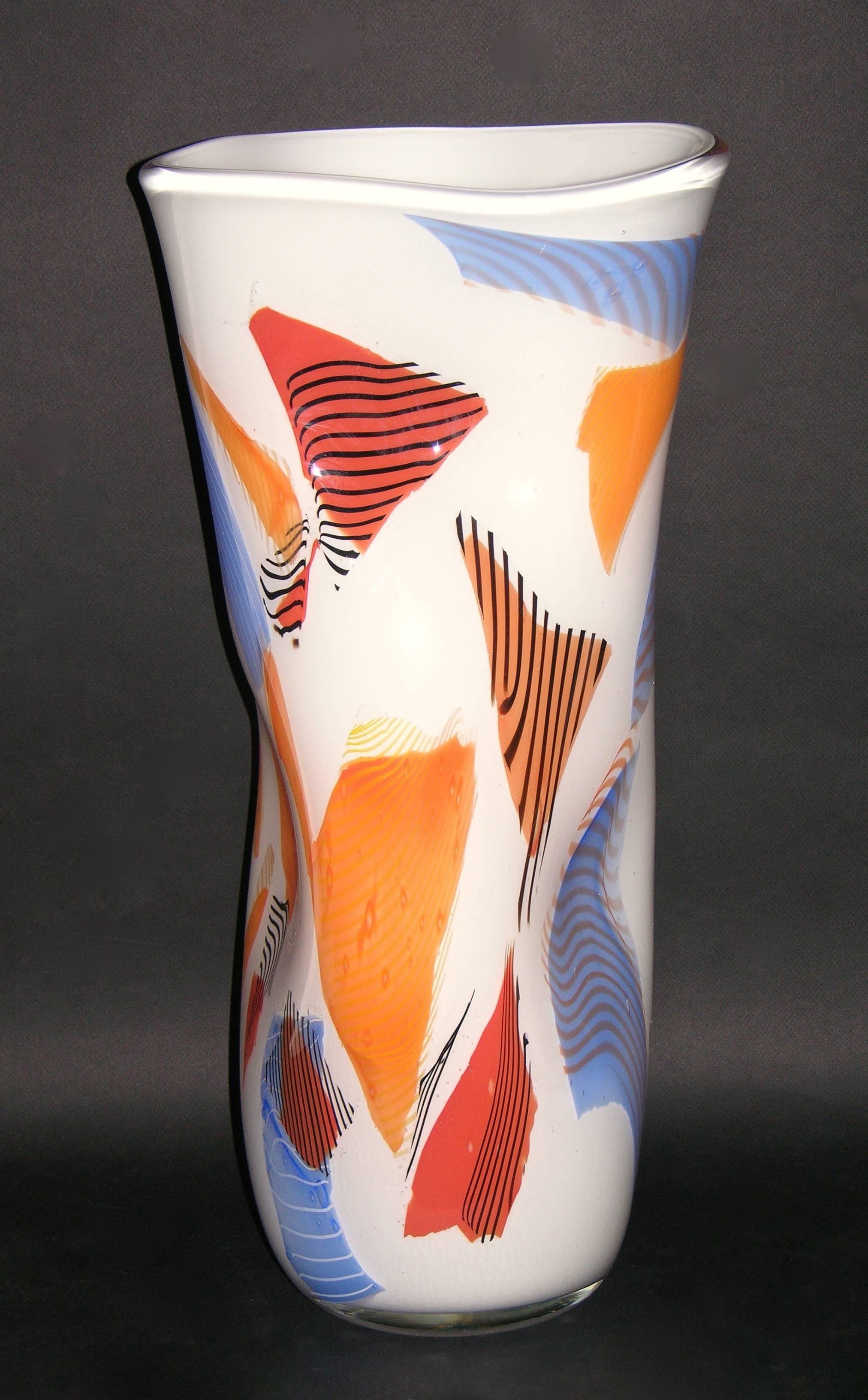 Contemporary Davide Dona Set of 3 Freeform White Orange Red Blue Murano Art Glass Vases
