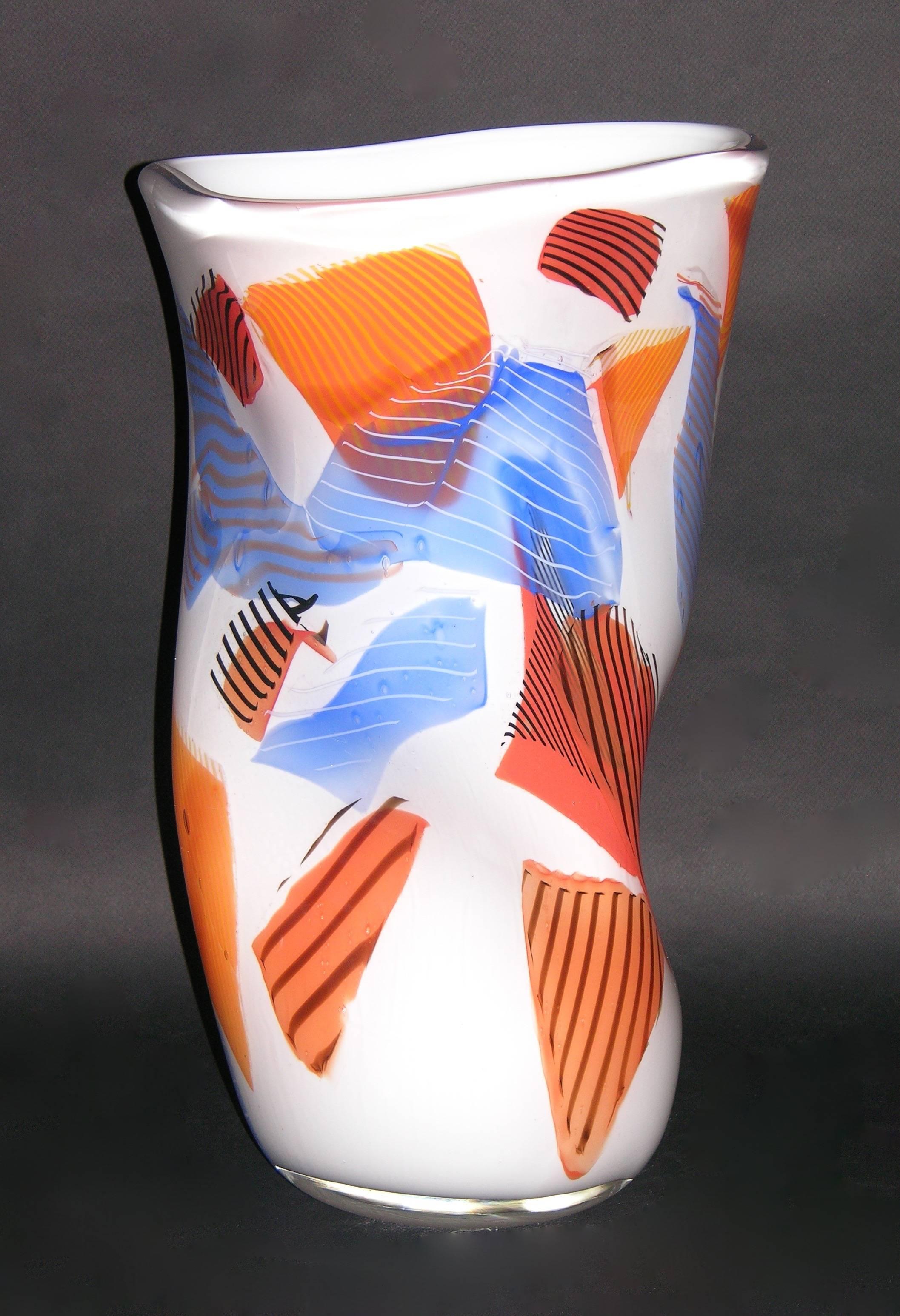 Murano Glass Davide Dona Set of 3 Freeform White Orange Red Blue Murano Art Glass Vases