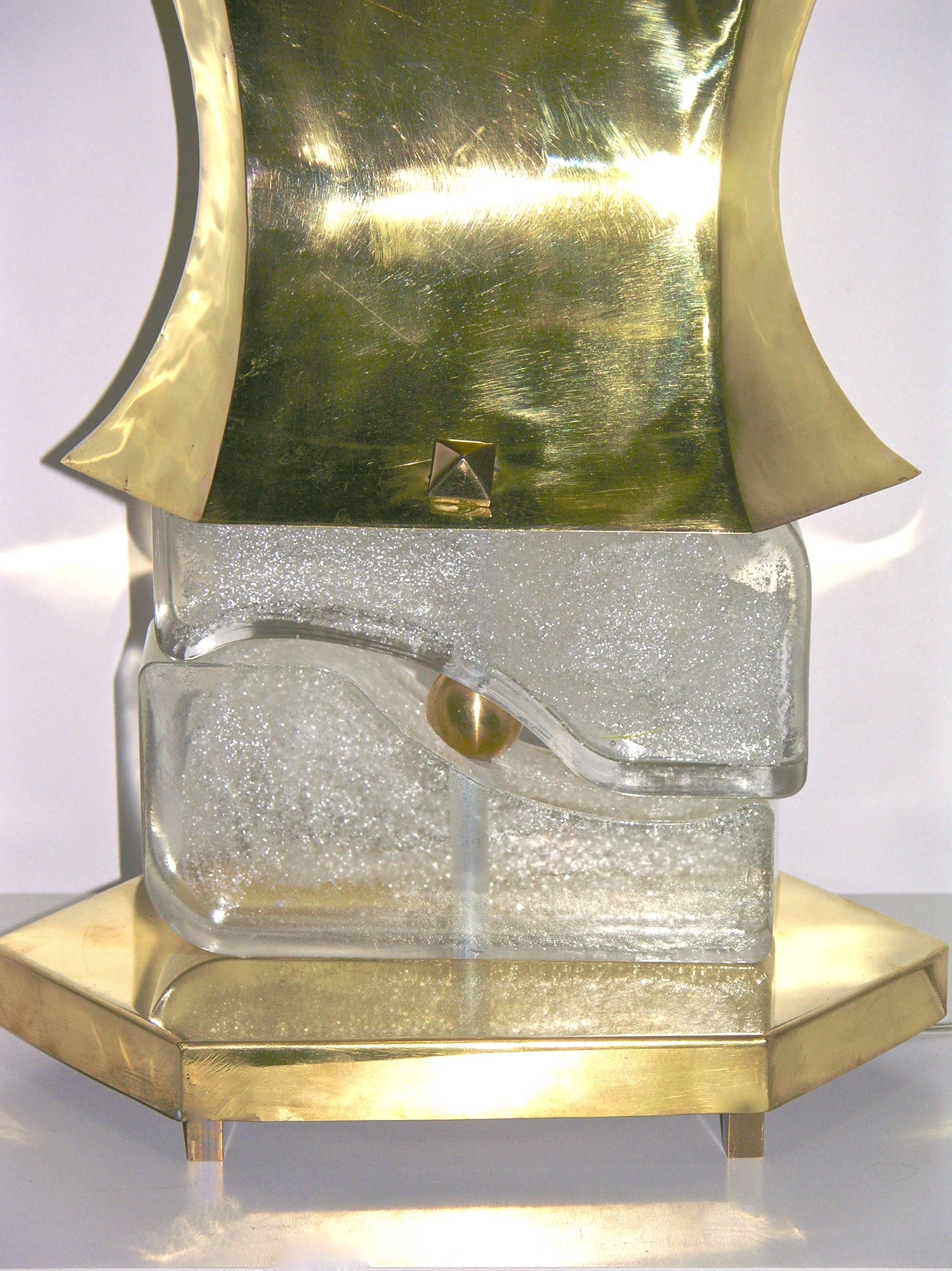 Hand-Crafted Gucci 1980s Italian Pair of Post Modern Crystal and Silve Glass Gold Brass Lamps