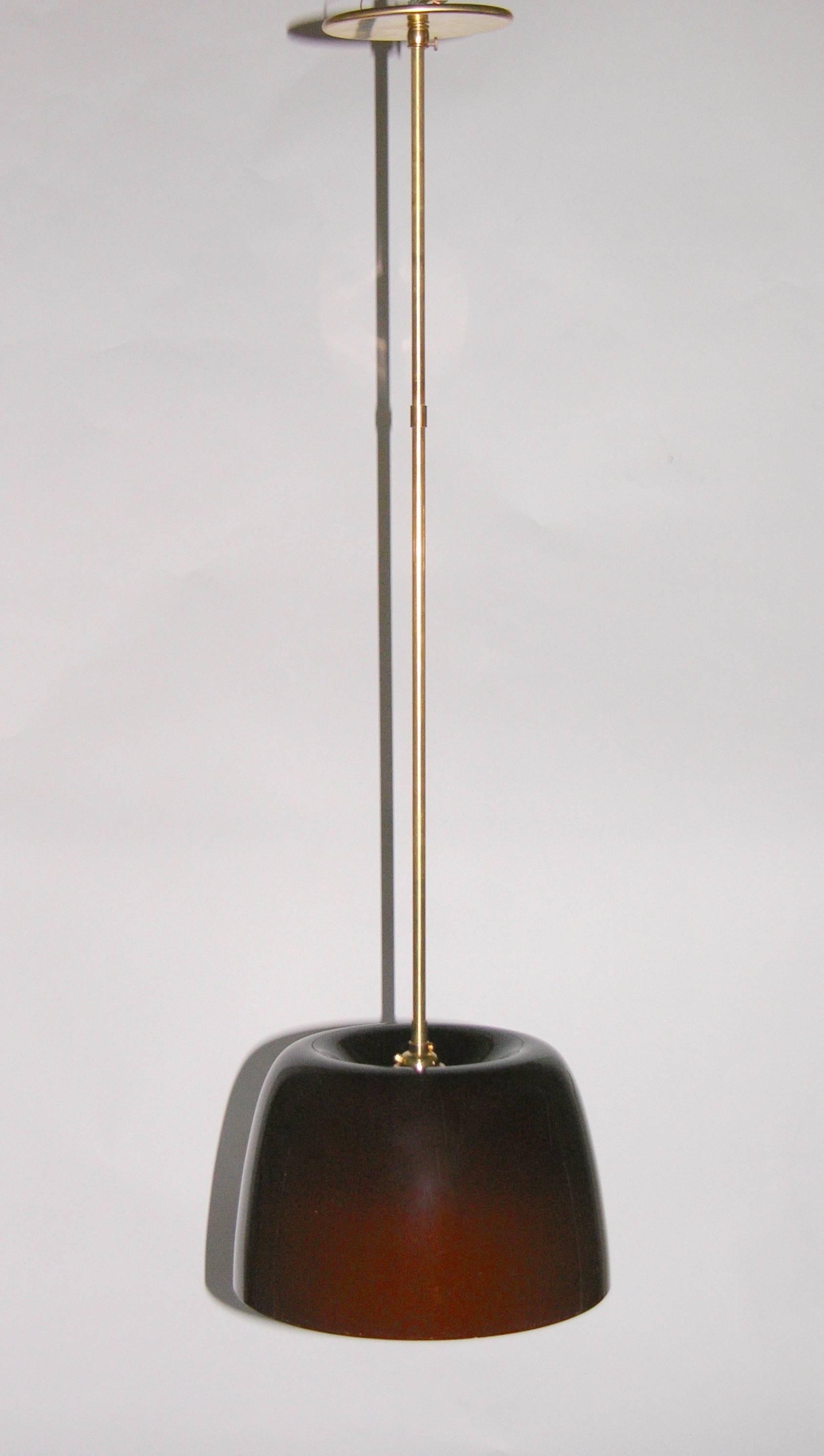 Italian Minimalist Brass and Coffee Brown Murano Glass Pendant Light, 1970s For Sale 1