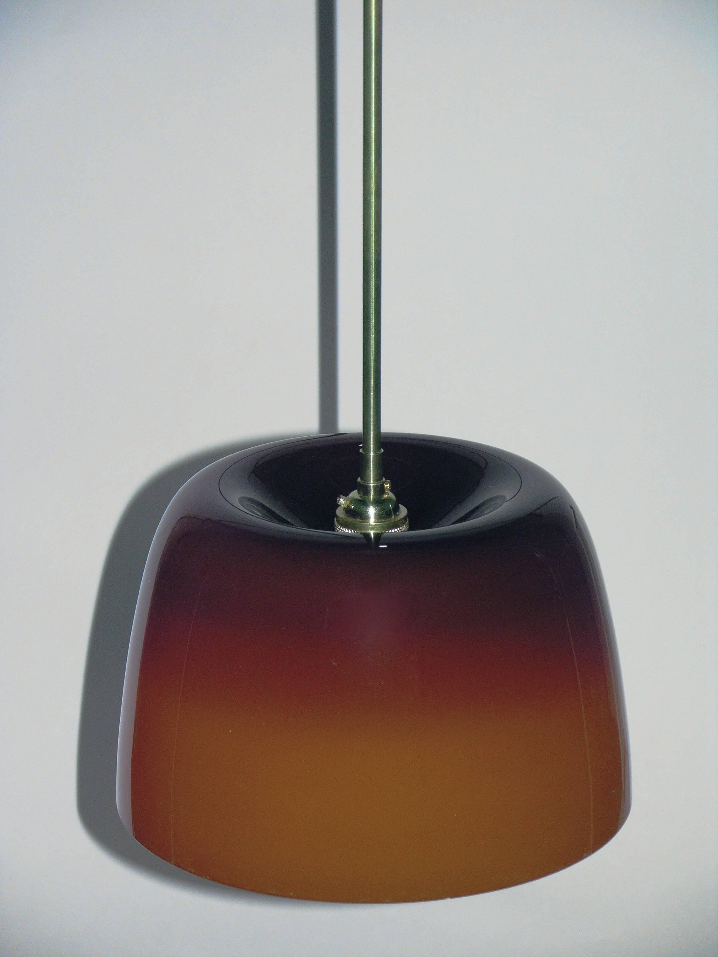 Late 20th Century Italian Minimalist Brass and Coffee Brown Murano Glass Pendant Light, 1970s For Sale