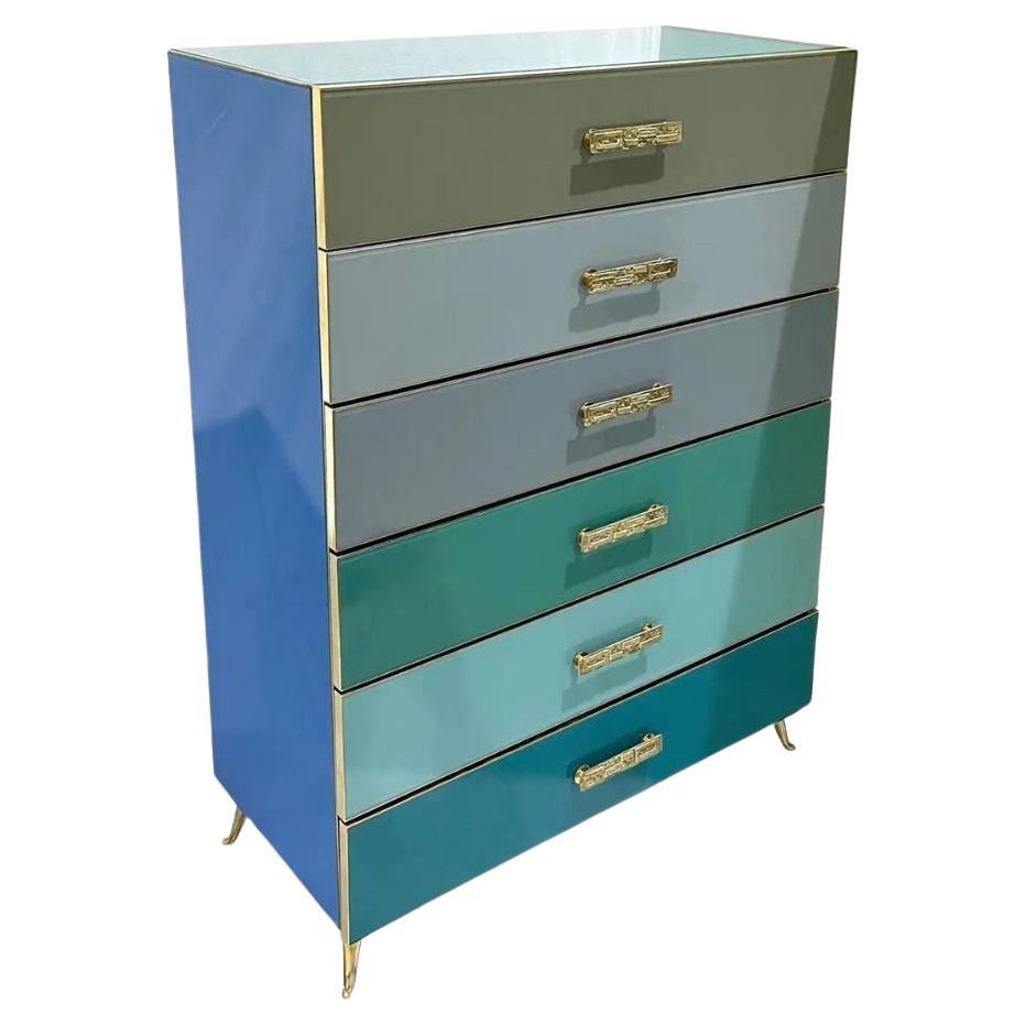 Commode Semainier italienne postmoderne sur mesure à 6 tiroirs bleu turquoise gris verre