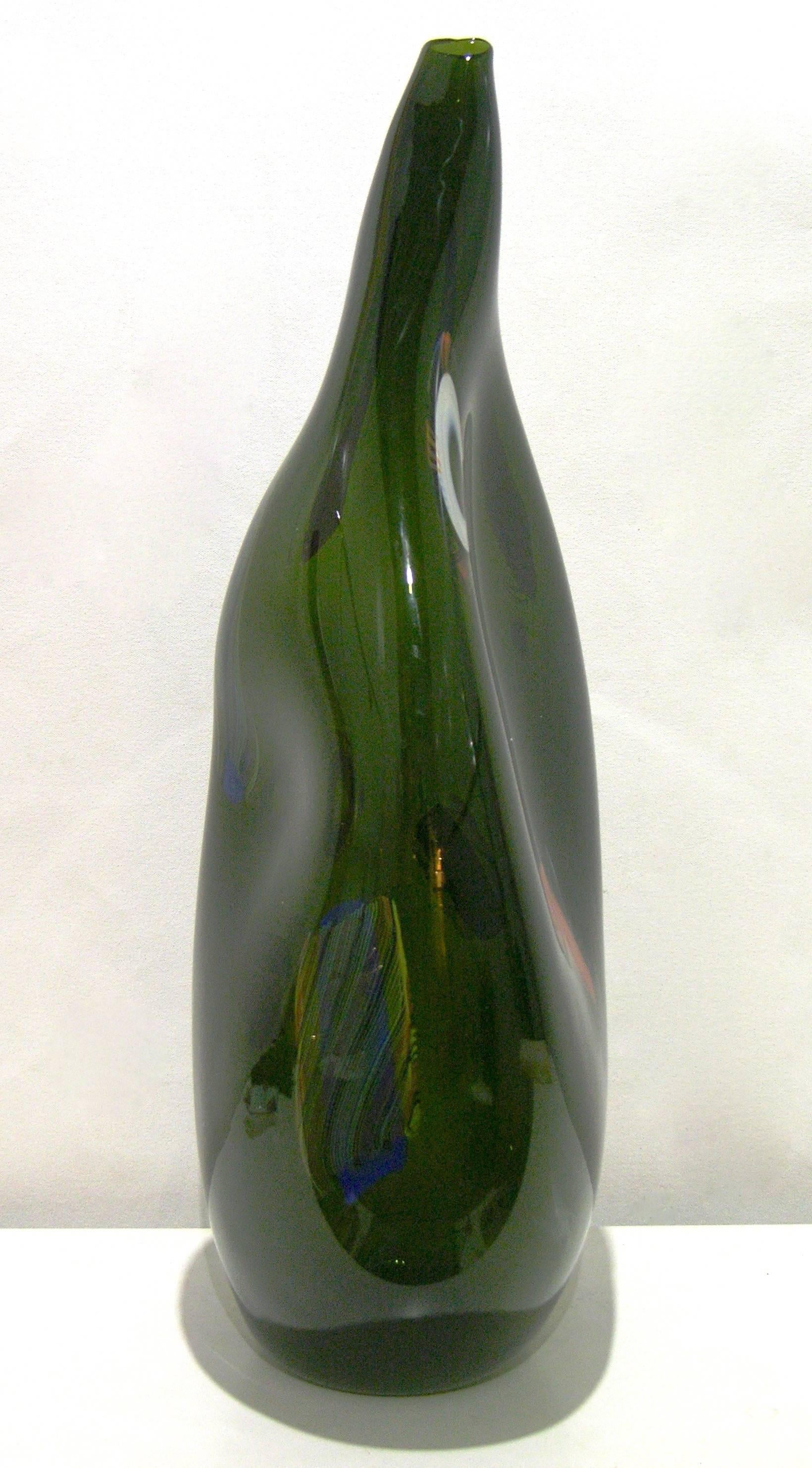 Hand-Crafted Davide Dona Italian Design Oversized Bottle Green Murano Art Glass Organic Vase