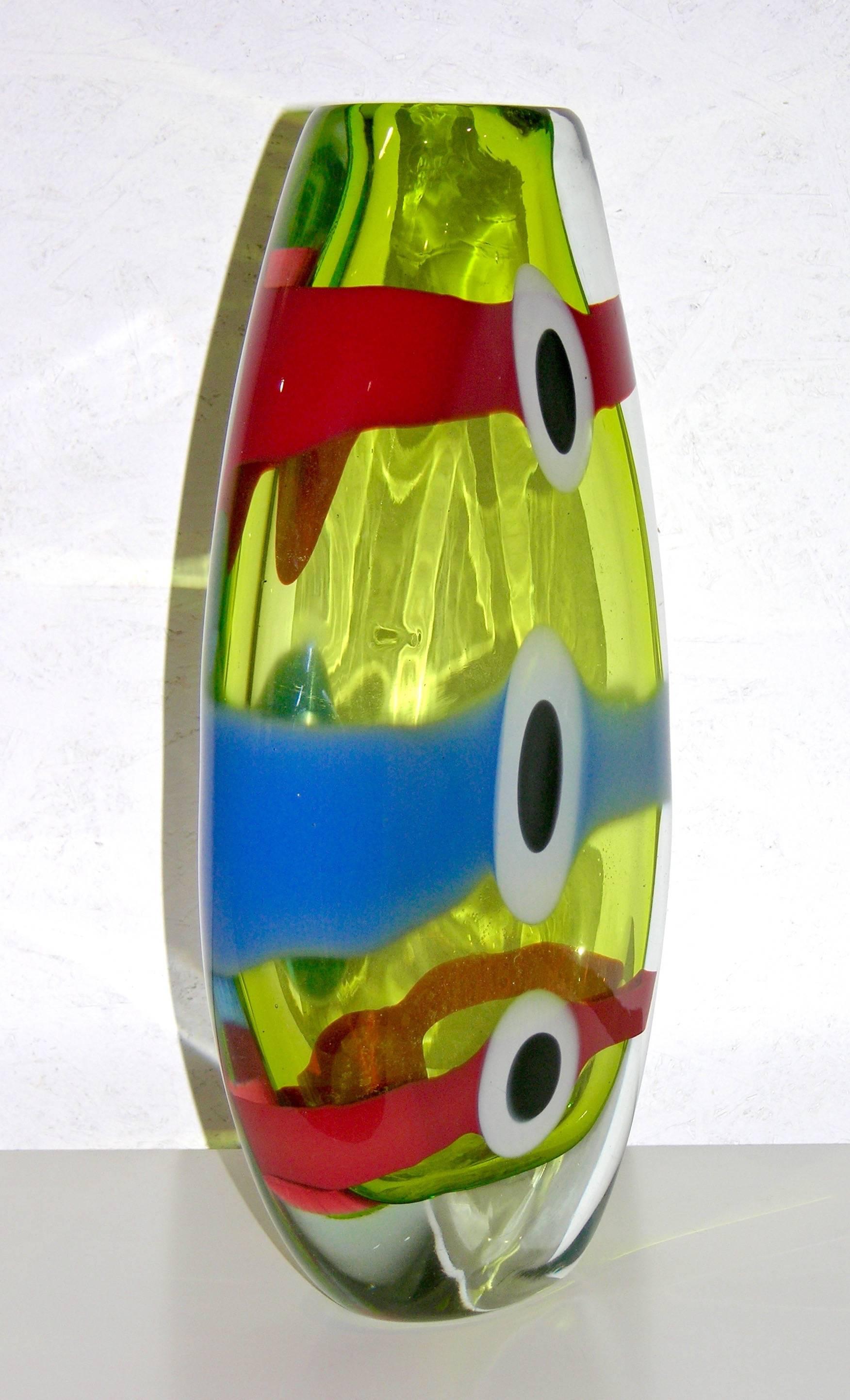 Late 20th Century Olivier Mallemouche Colorful Green Glass Vase with Red and Blue Murrine