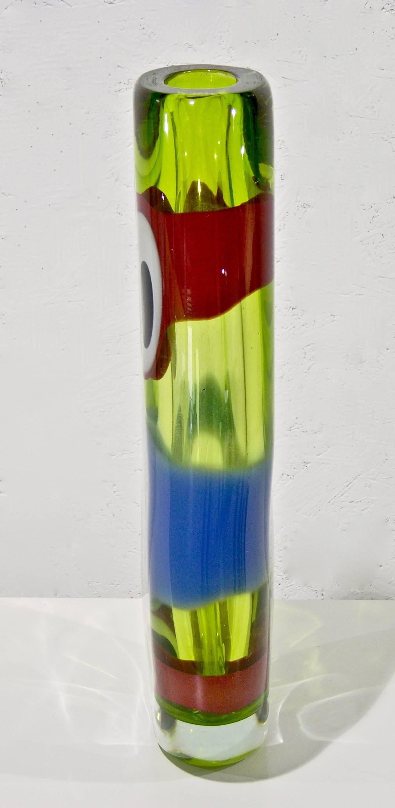 French Olivier Mallemouche Colorful Green Glass Vase with Red and Blue Murrine