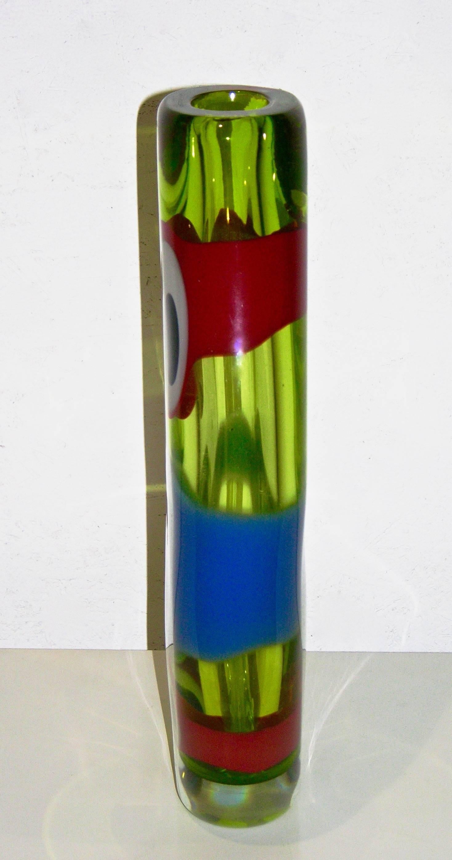 Blown Glass Olivier Mallemouche Colorful Green Glass Vase with Red and Blue Murrine